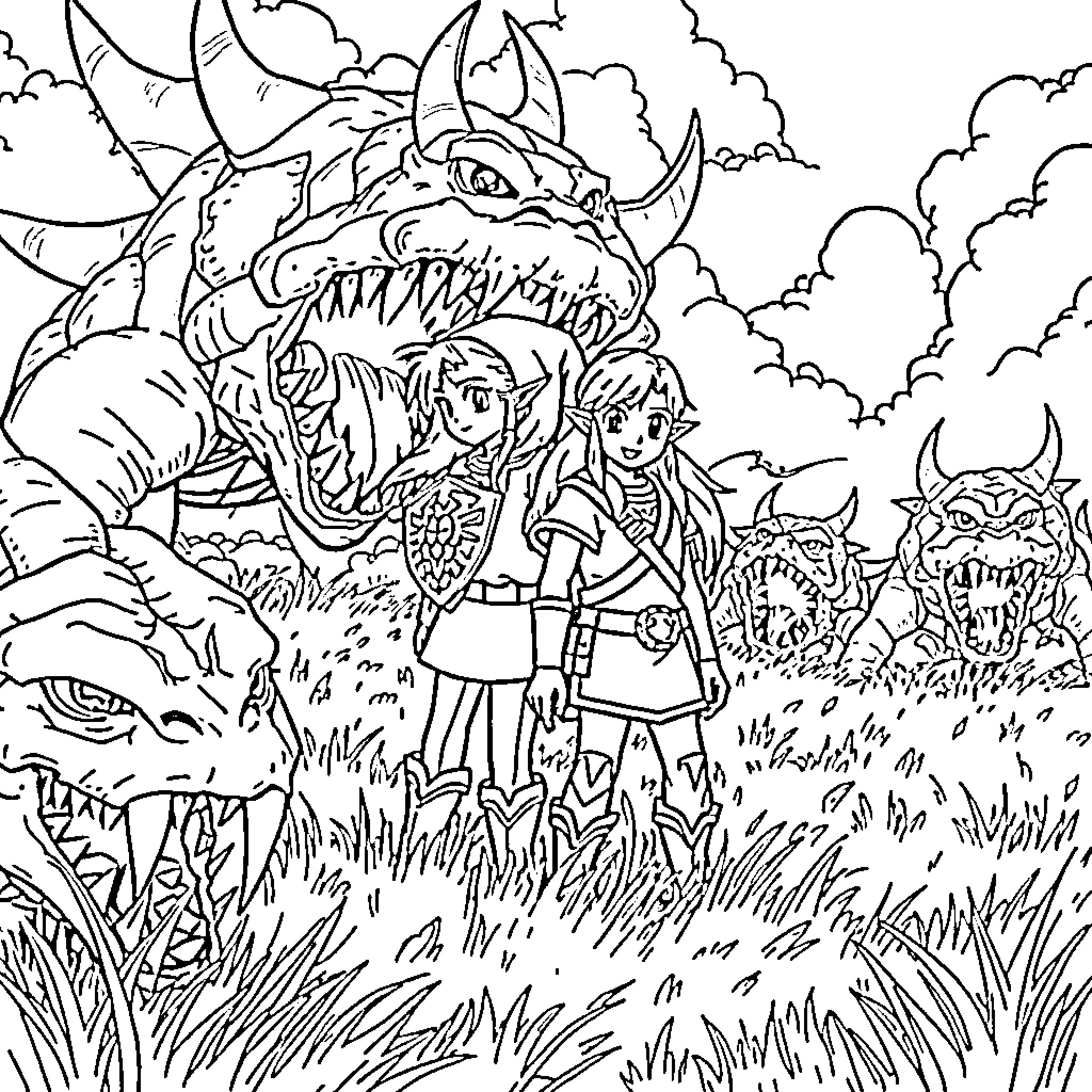 Link Exploring Fantastical Creatures in the Wilderness Coloring Page (free black-and-white line drawing printable PDF for all, from beginners to advanced learners, including children, teens, adults, and seniors)