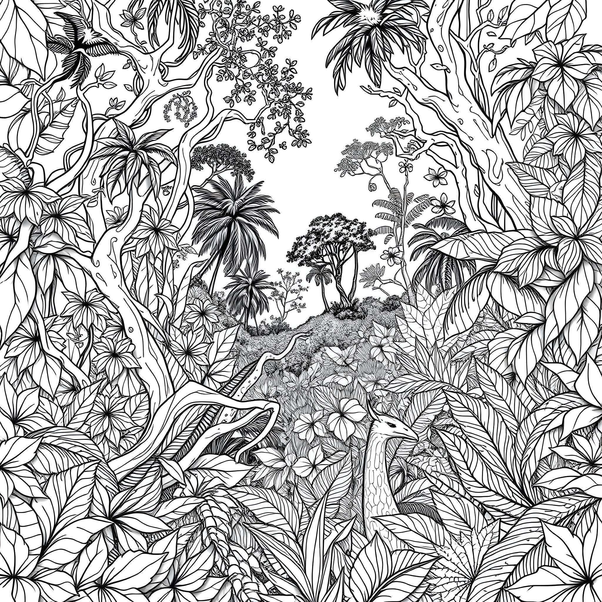 Jungle Scene with Lush Foliage and Wildlife Coloring Page (free black-and-white line drawing printable PDF for all, from beginners to advanced learners, including children, teens, adults, and seniors)