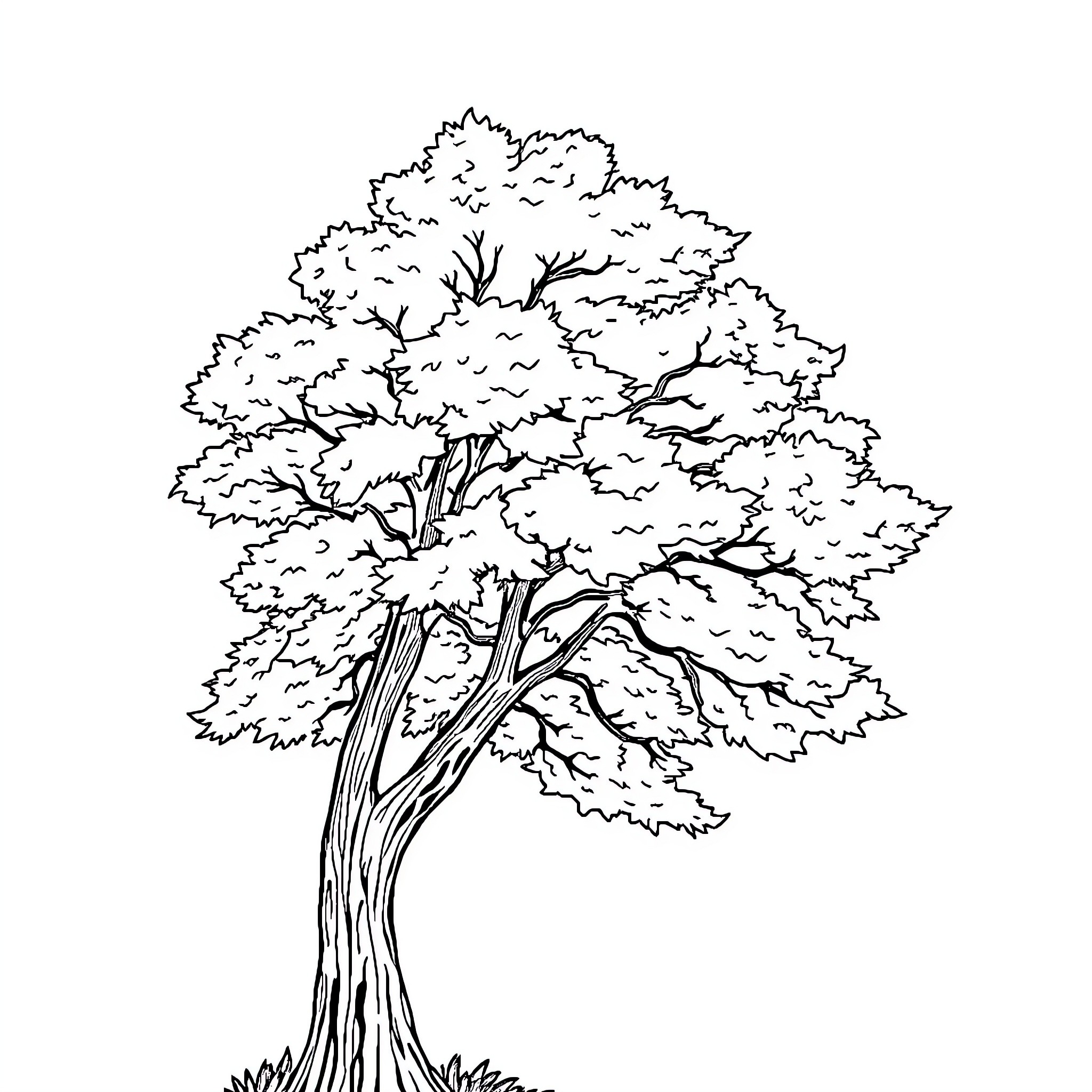 Tree with thick, twisted branches Coloring Page (free black-and-white line drawing printable PDF for all, from beginners to advanced learners, including children, teens, adults, and seniors)