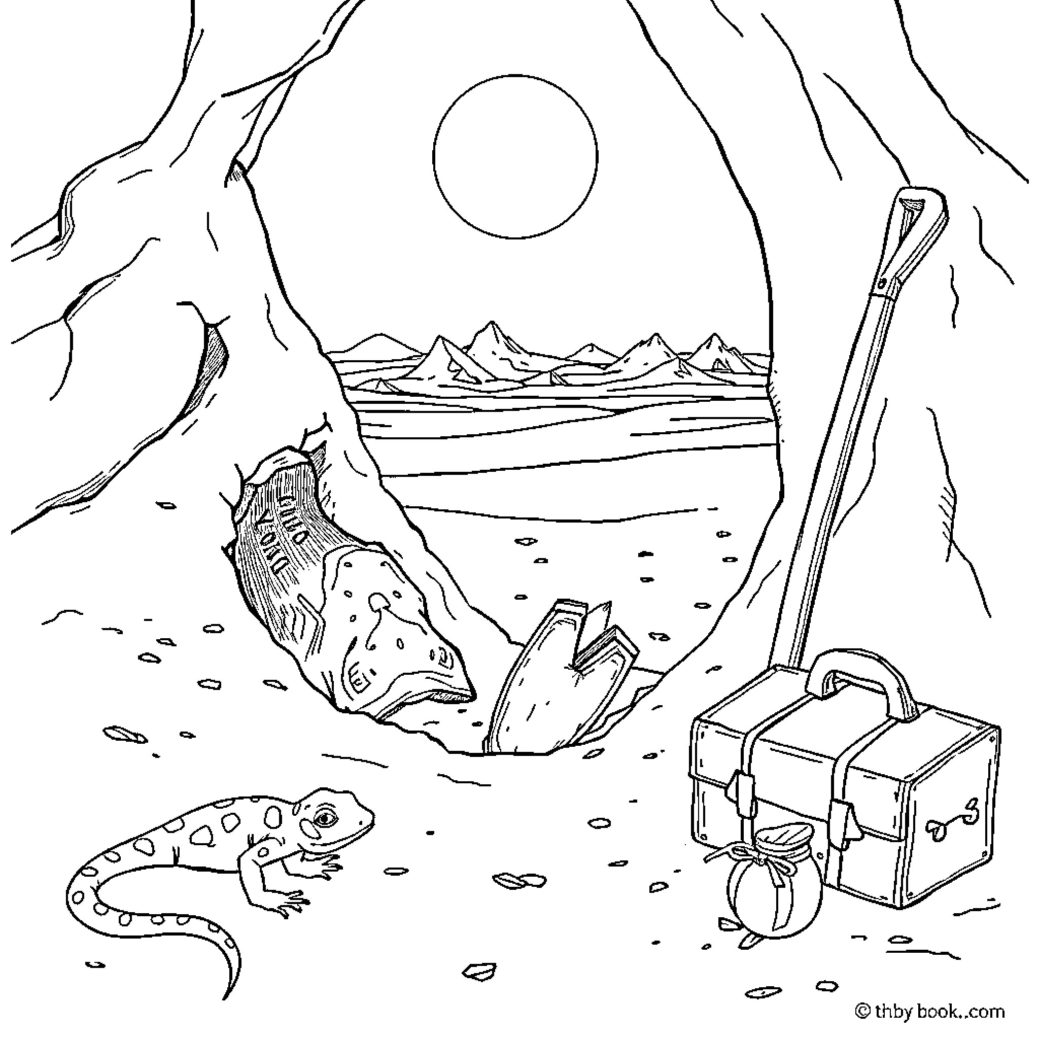 Holes in a Rugged Outdoor Adventure Coloring Page (free black-and-white line drawing printable PDF for all, from beginners to advanced learners, including children, teens, adults, and seniors)