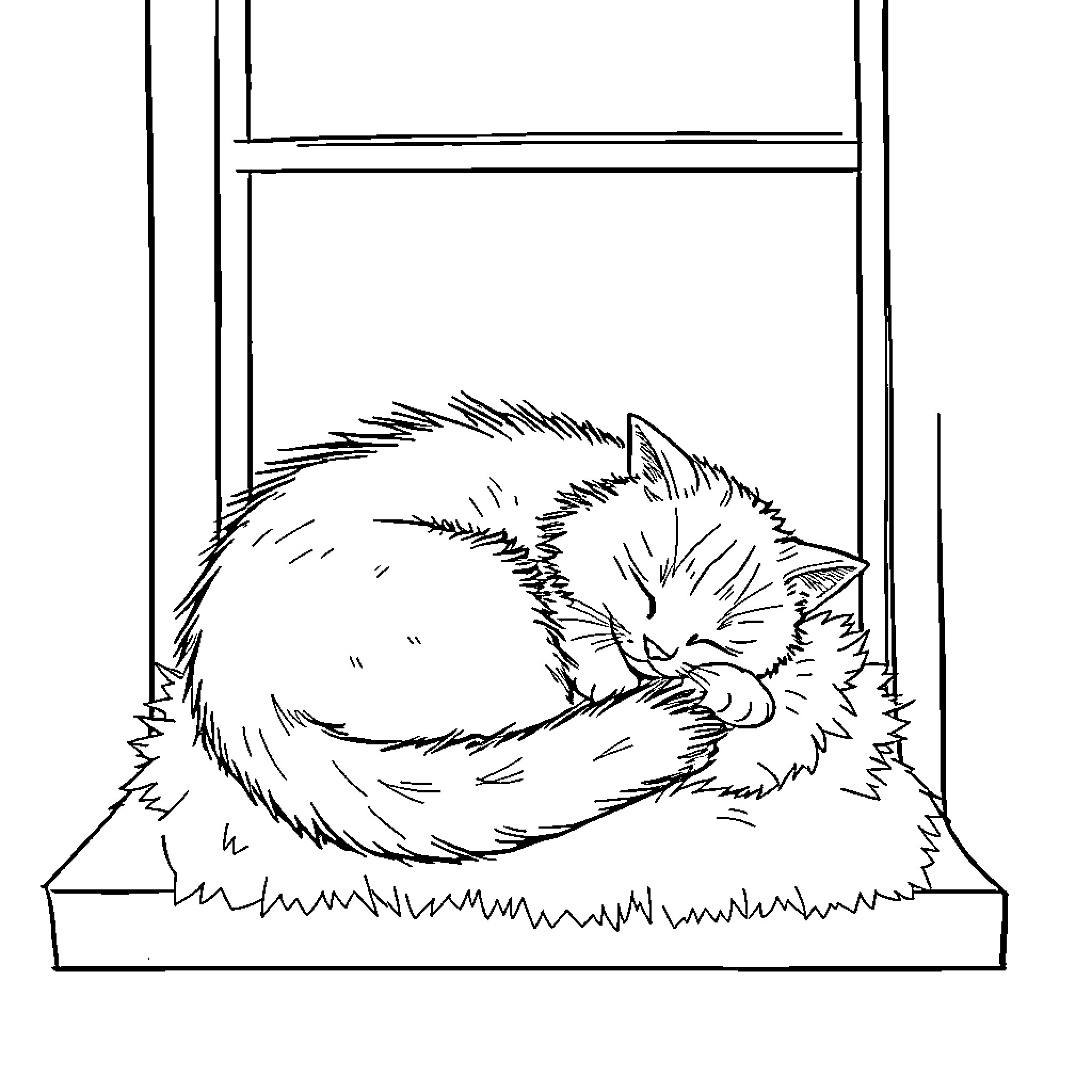 Cat sleeping peacefully in a cozy bed Coloring Page (free black-and-white line drawing printable PDF for all, from beginners to advanced learners, including children, teens, adults, and seniors)