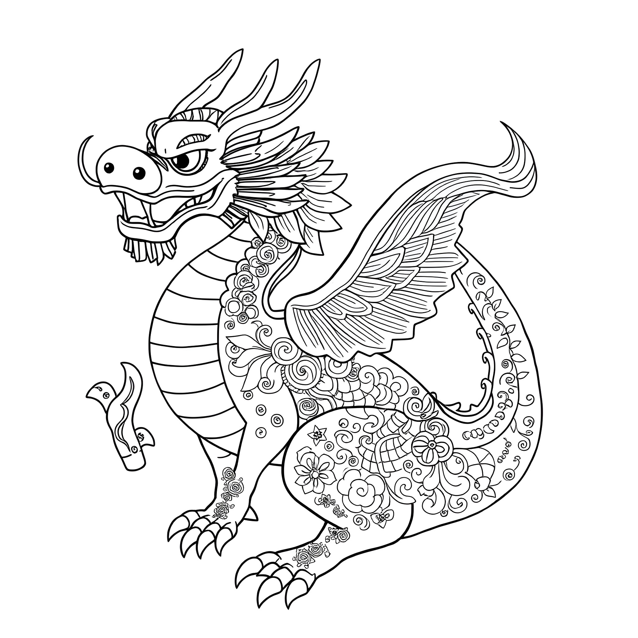 Mishipeshu - Fantastical dragon-like creature with intricate patterns Coloring Page (free black-and-white line drawing printable PDF for all, from beginners to advanced learners, including children, teens, adults, and seniors)