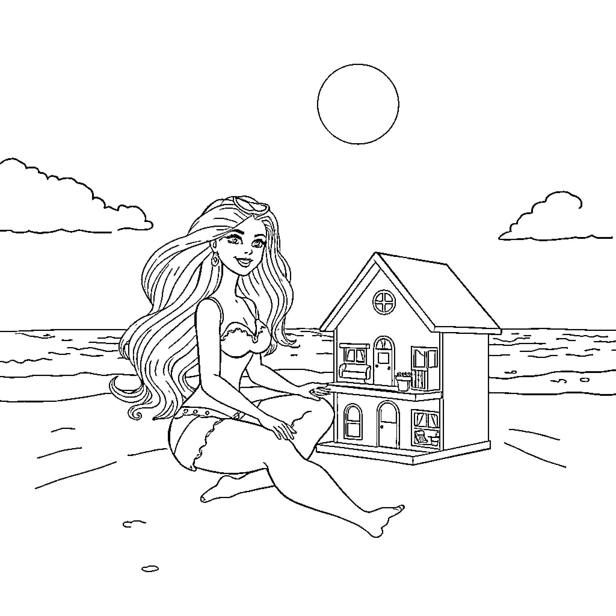 Barbie playing with a dollhouse on the beach Coloring Page (free black-and-white line drawing printable PDF for all, from beginners to advanced learners, including children, teens, adults, and seniors)