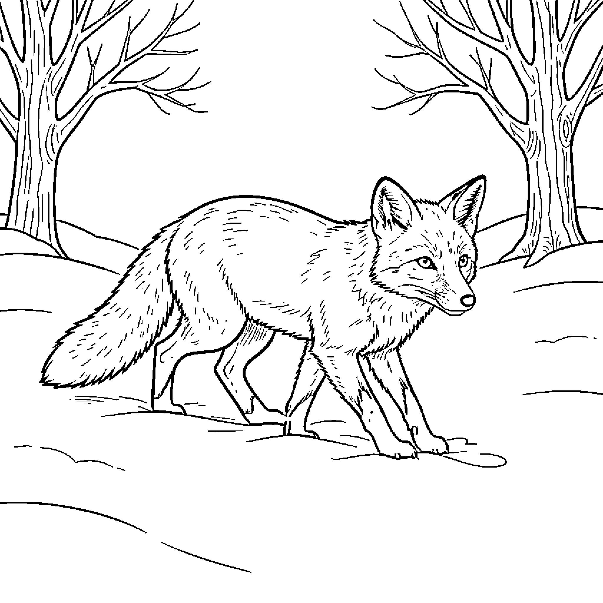Fox walking through a snowy forest landscape Coloring Page (free black-and-white line drawing printable PDF for all, from beginners to advanced learners, including children, teens, adults, and seniors)