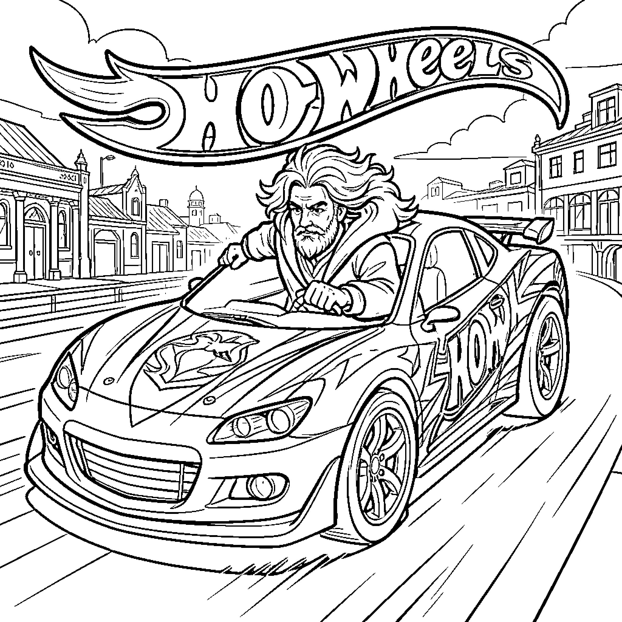 Rumi driving a hot wheels car in the city Coloring Page (free black-and-white line drawing printable PDF for all, from beginners to advanced learners, including children, teens, adults, and seniors)