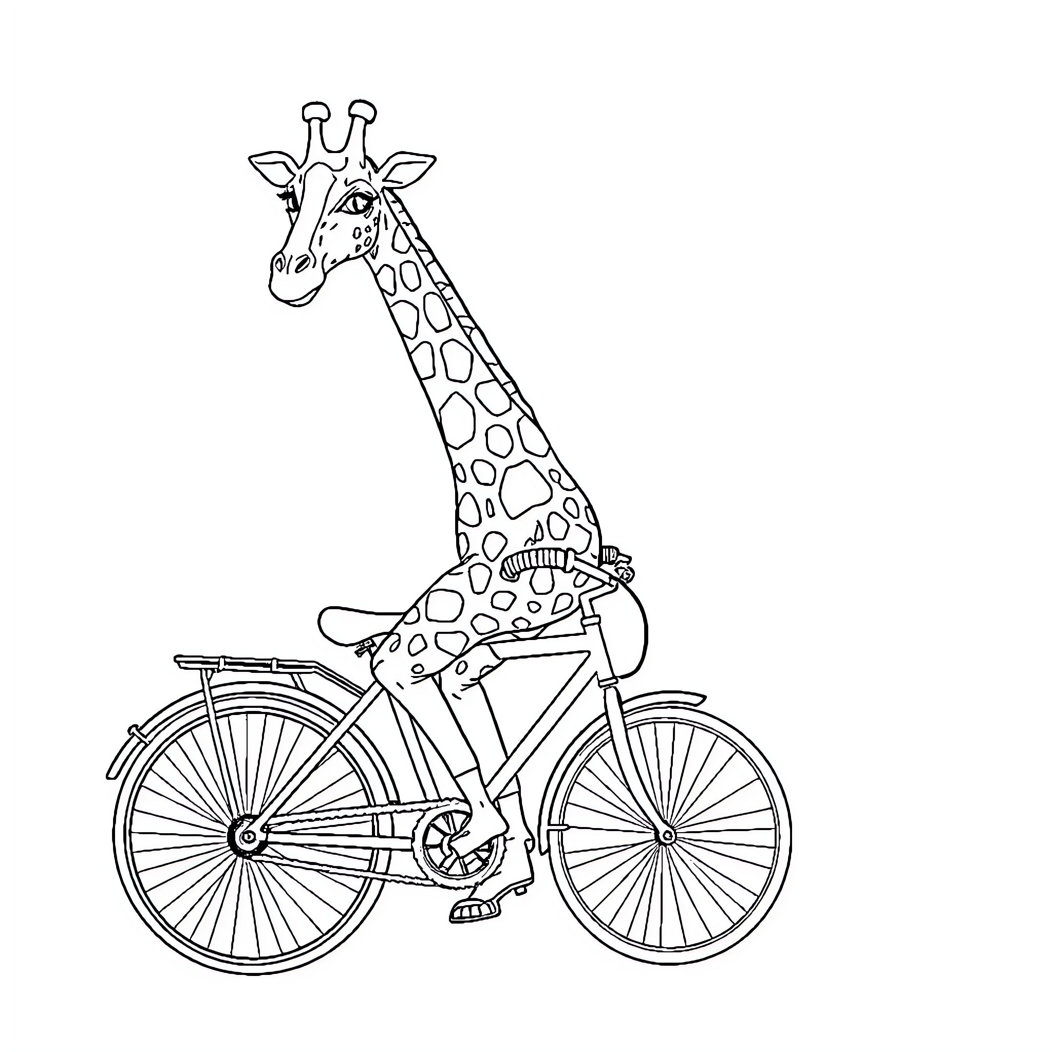 Giraffe riding a bicycle Coloring Page (free black-and-white line drawing printable PDF for all, from beginners to advanced learners, including children, teens, adults, and seniors)