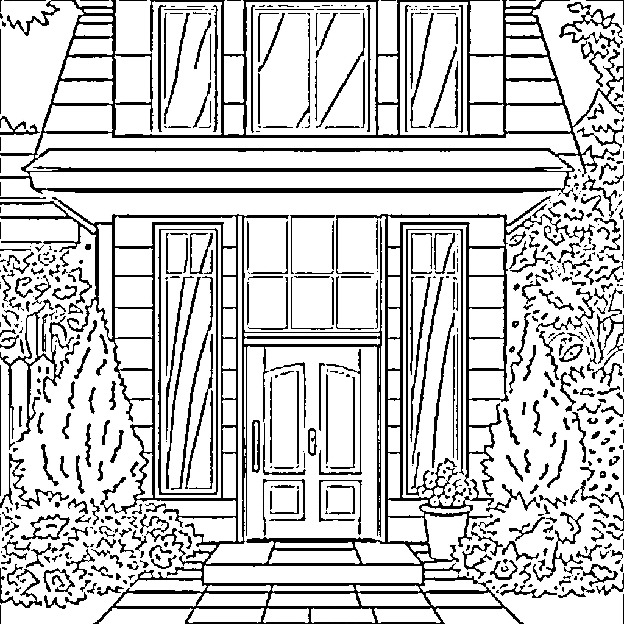 House with detailed entrance and greenery Coloring Page (free black-and-white line drawing printable PDF for all, from beginners to advanced learners, including children, teens, adults, and seniors)