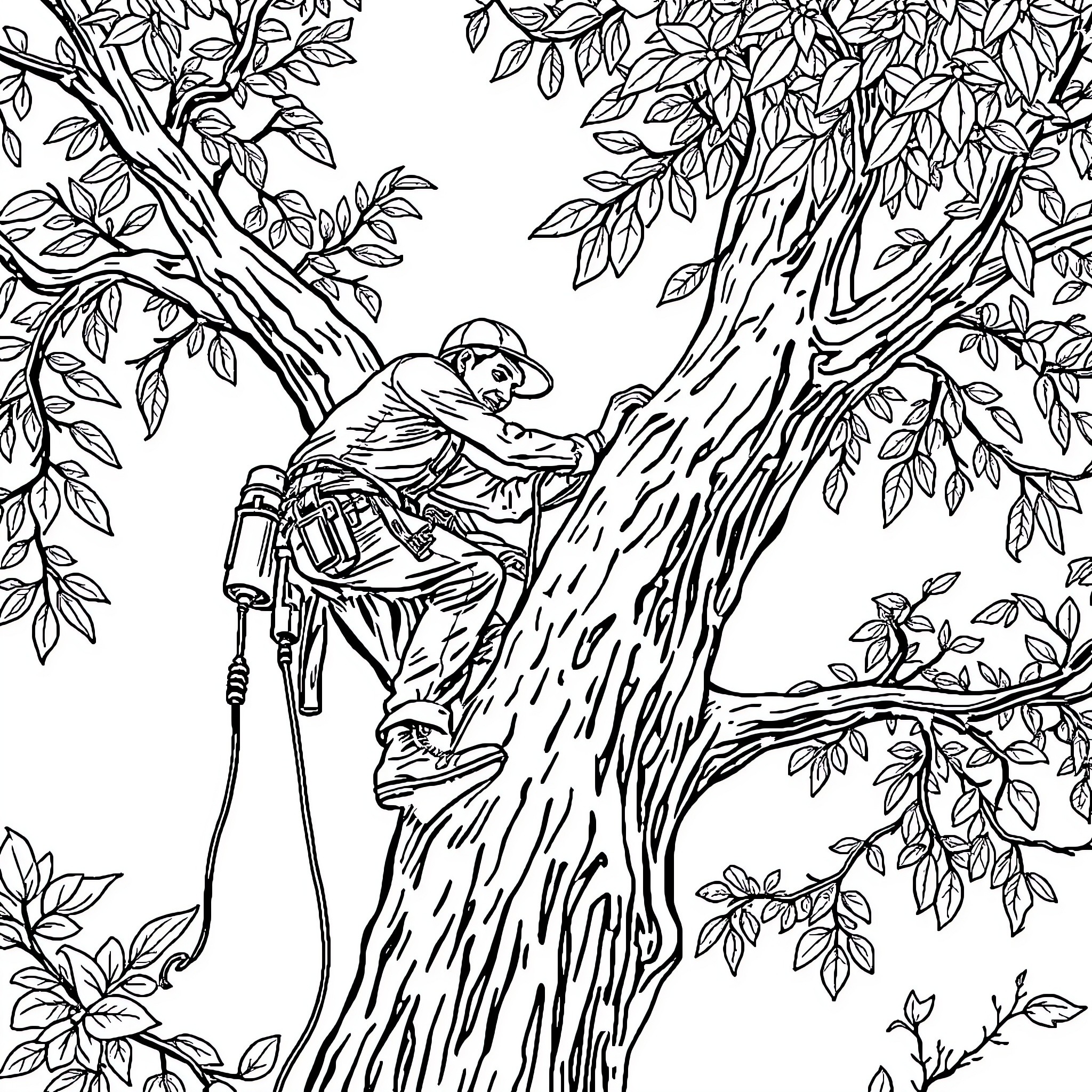 Arborist pruning trees in the forest Coloring Page (free black-and-white line drawing printable PDF for all, from beginners to advanced learners, including children, teens, adults, and seniors)