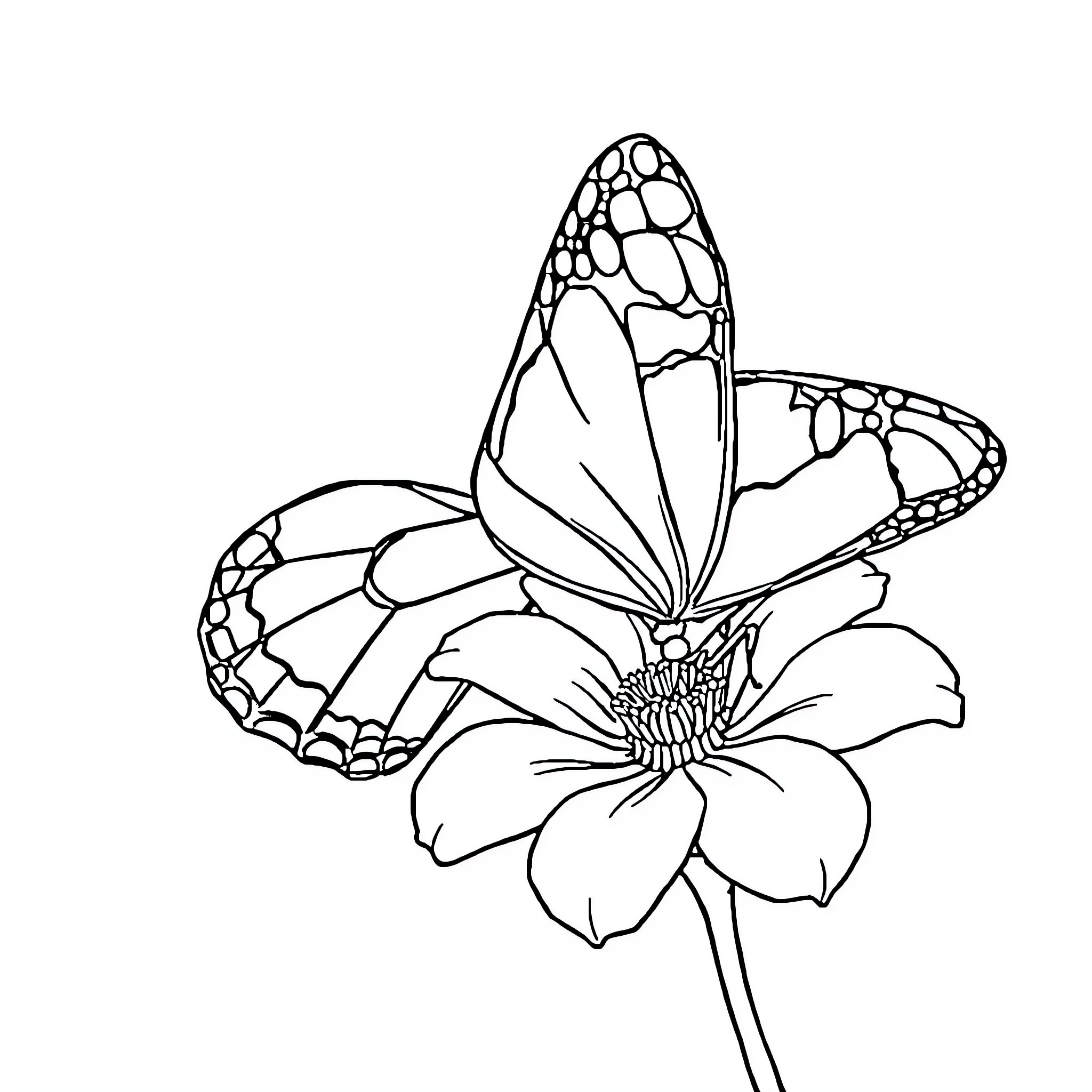 Papillon resting on a delicate flower Coloring Page (free black-and-white line drawing printable PDF for all, from beginners to advanced learners, including children, teens, adults, and seniors)