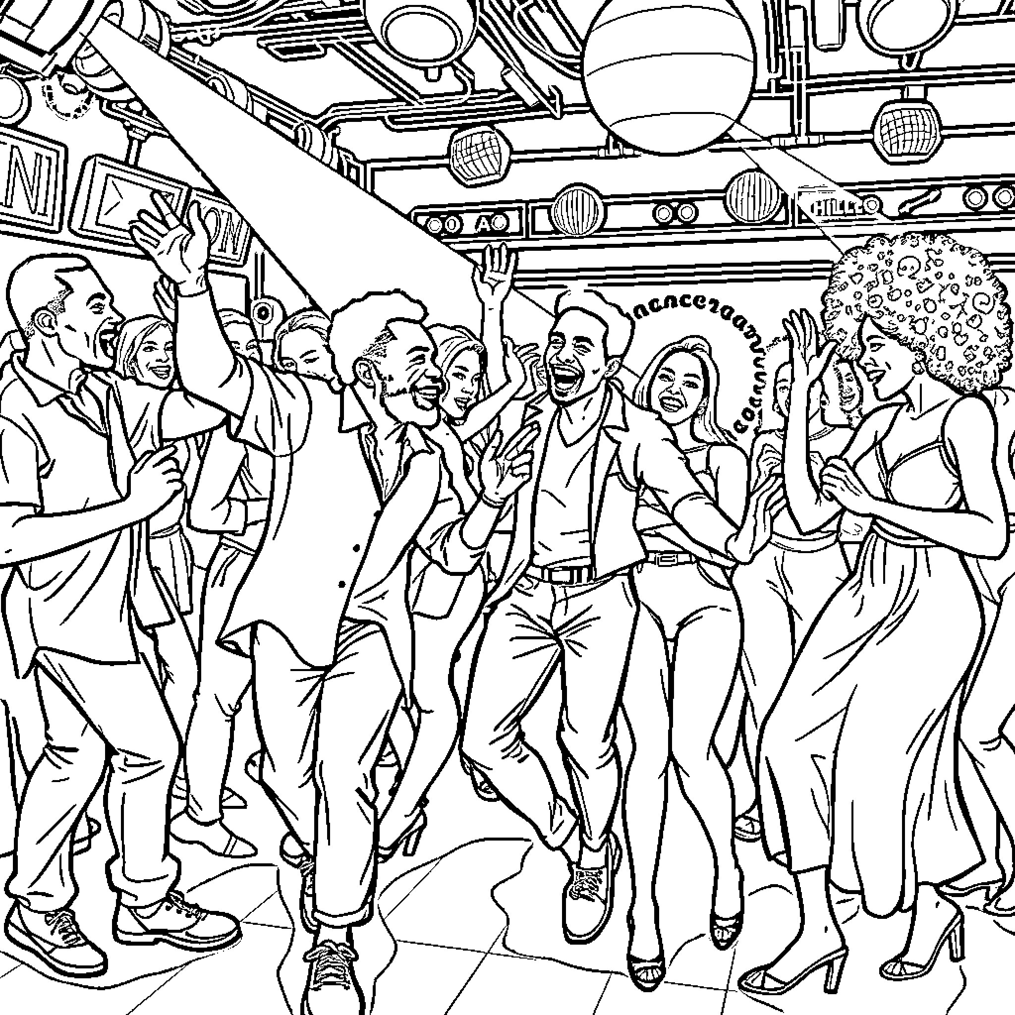 Friend dancing joyfully in a vibrant, crowded scene Coloring Page (free black-and-white line drawing printable PDF for all, from beginners to advanced learners, including children, teens, adults, and seniors)