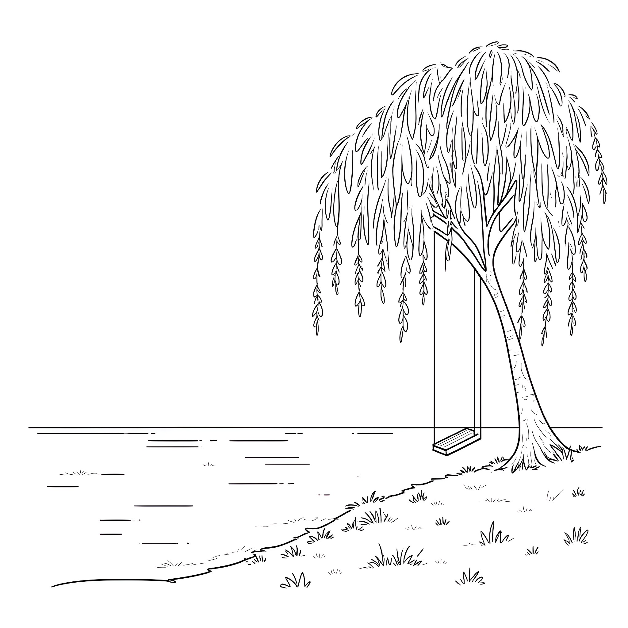 Willow tree by the river bank Coloring Page (free black-and-white line drawing printable PDF for all, from beginners to advanced learners, including children, teens, adults, and seniors)