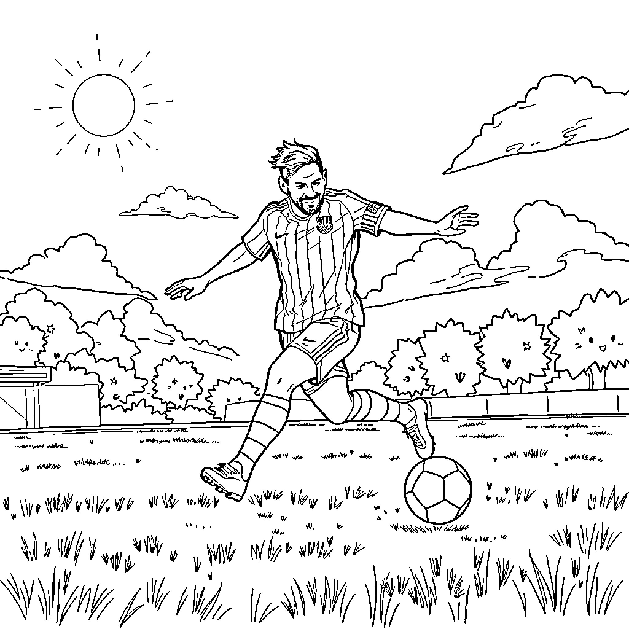 Messi kicking the ball with joy on the field Coloring Page (free black-and-white line drawing printable PDF for all, from beginners to advanced learners, including children, teens, adults, and seniors)