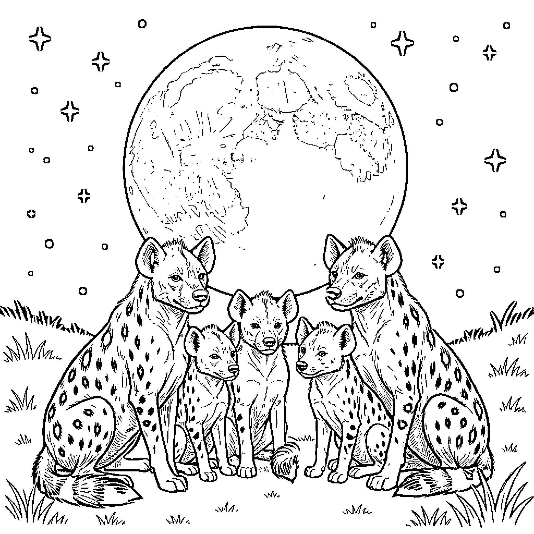 Hyena family sitting together under a large moon Coloring Page (free black-and-white line drawing printable PDF for all, from beginners to advanced learners, including children, teens, adults, and seniors)