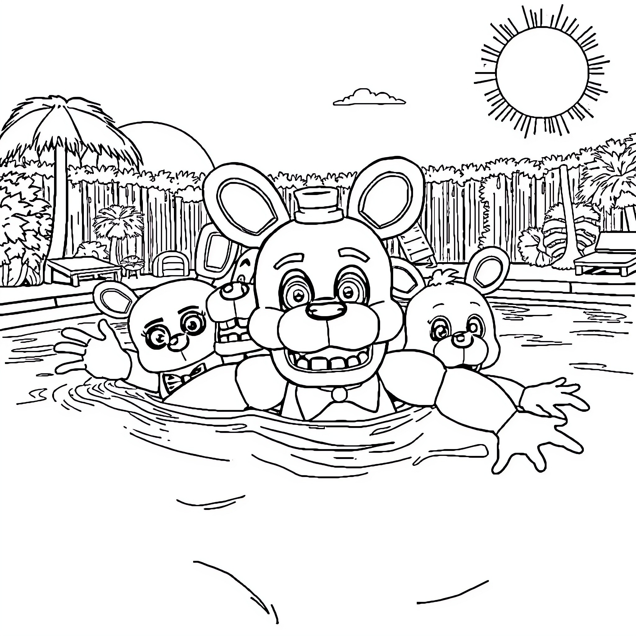 Freddy's Playful Pool Party Coloring Page (free black-and-white line drawing printable PDF for all, from beginners to advanced learners, including children, teens, adults, and seniors)