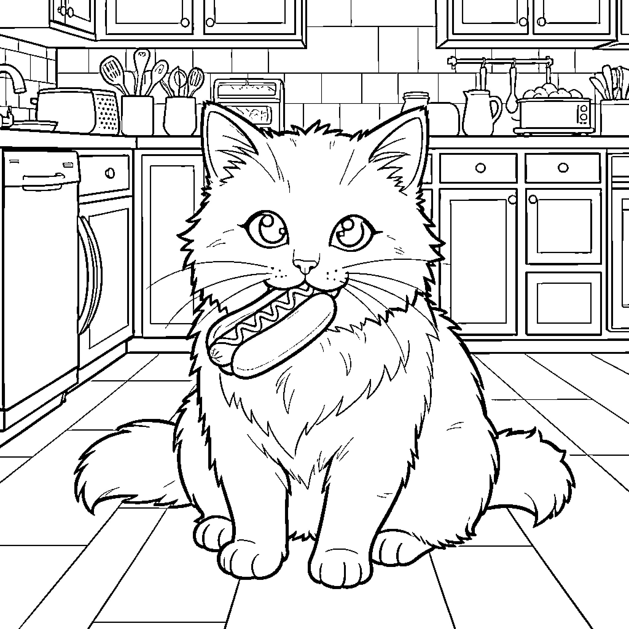 Cat in the Kitchen Coloring Page (free black-and-white line drawing printable PDF for all, from beginners to advanced learners, including children, teens, adults, and seniors)