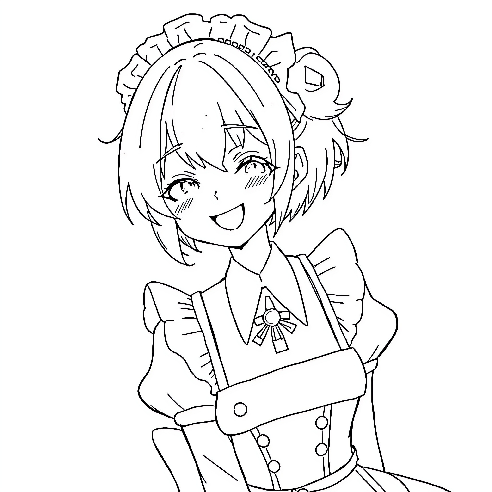 REM Anime Girl with Frilly Maid Outfit Coloring Page (free black-and-white line drawing printable PDF for all, from beginners to advanced learners, including children, teens, adults, and seniors)