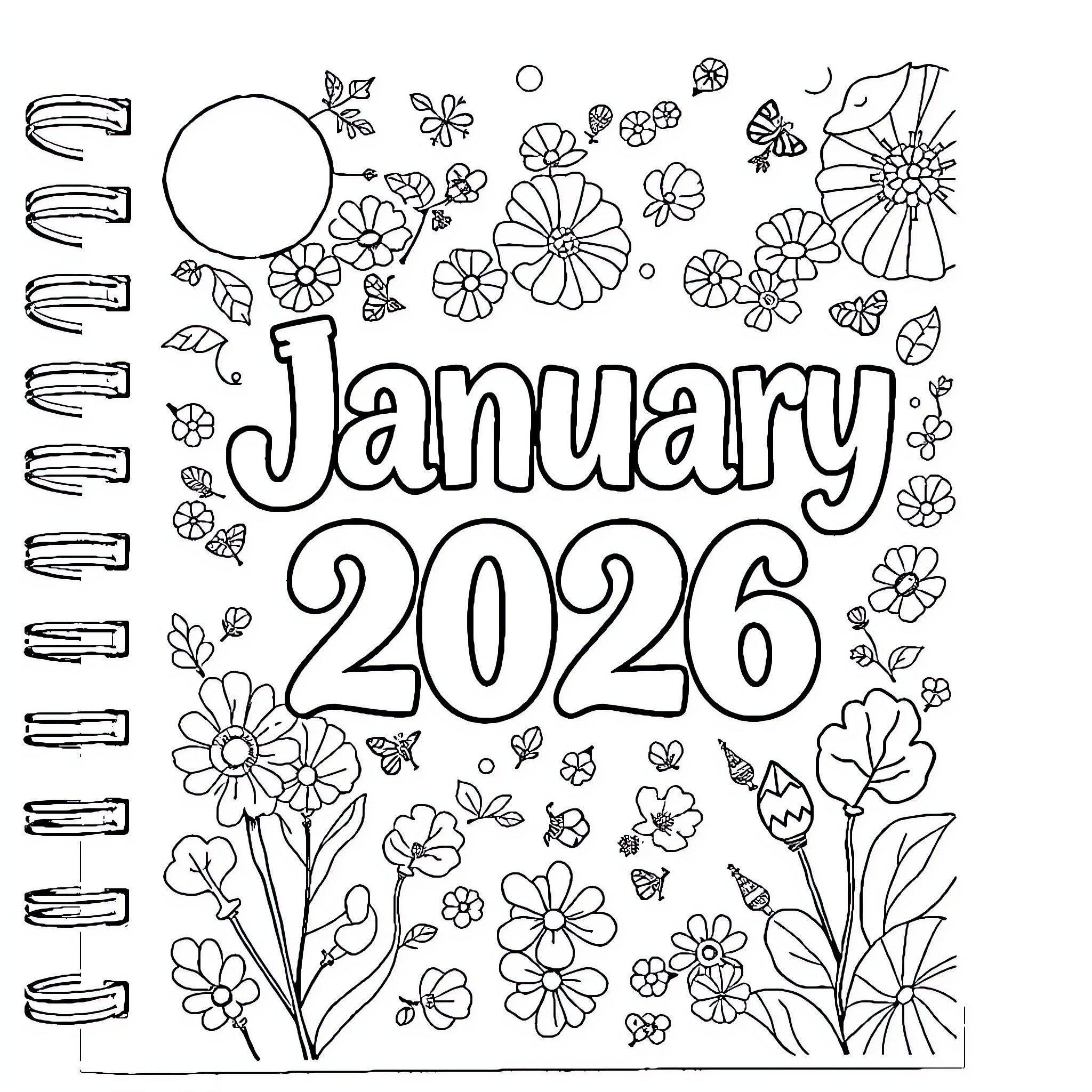 Planner with floral designs and January 2026 Coloring Page (free black-and-white line drawing printable PDF for all, from beginners to advanced learners, including children, teens, adults, and seniors)