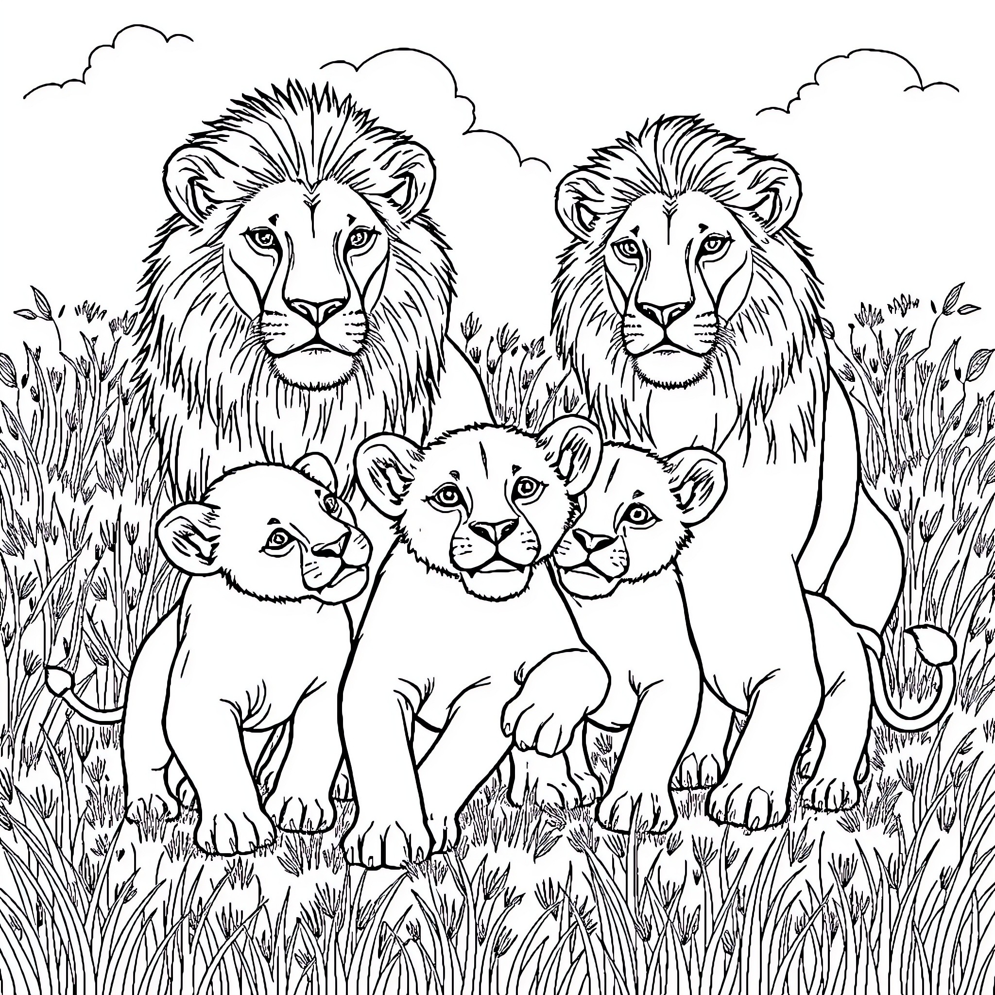 Lion Cub Family Outing in the Grasslands Coloring Page (free black-and-white line drawing printable PDF for all, from beginners to advanced learners, including children, teens, adults, and seniors)