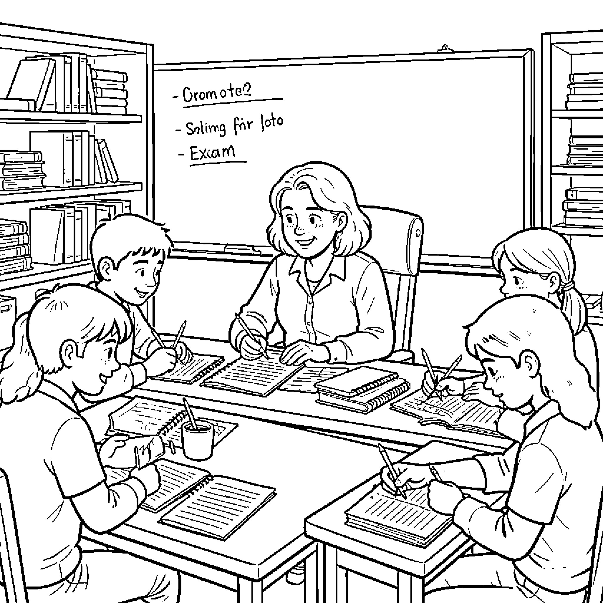 Teacher instructing students while they write in notebooks Coloring Page (free black-and-white line drawing printable PDF for all, from beginners to advanced learners, including children, teens, adults, and seniors)