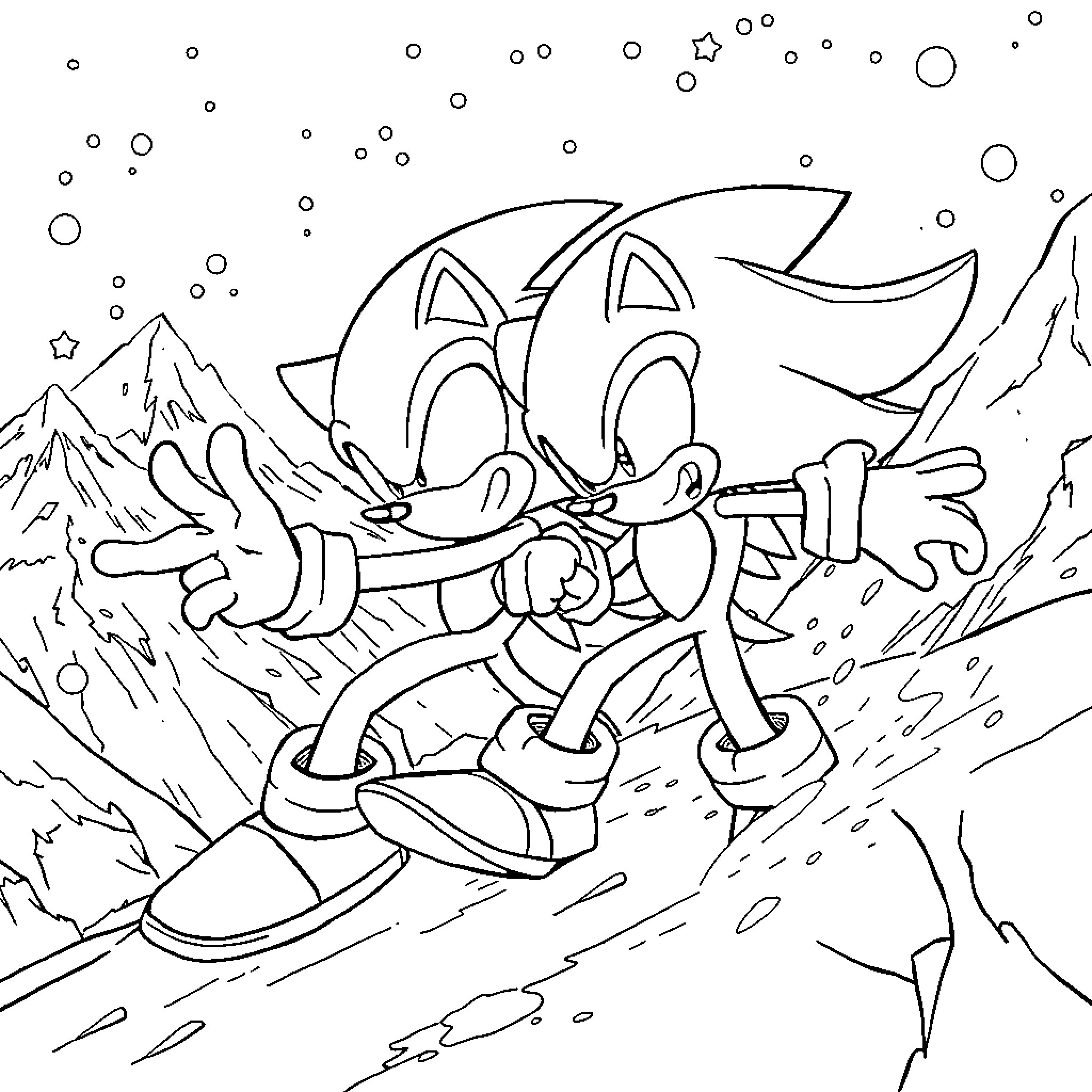 Sonic running swiftly through a snowy landscape Coloring Page (free black-and-white line drawing printable PDF for all, from beginners to advanced learners, including children, teens, adults, and seniors)