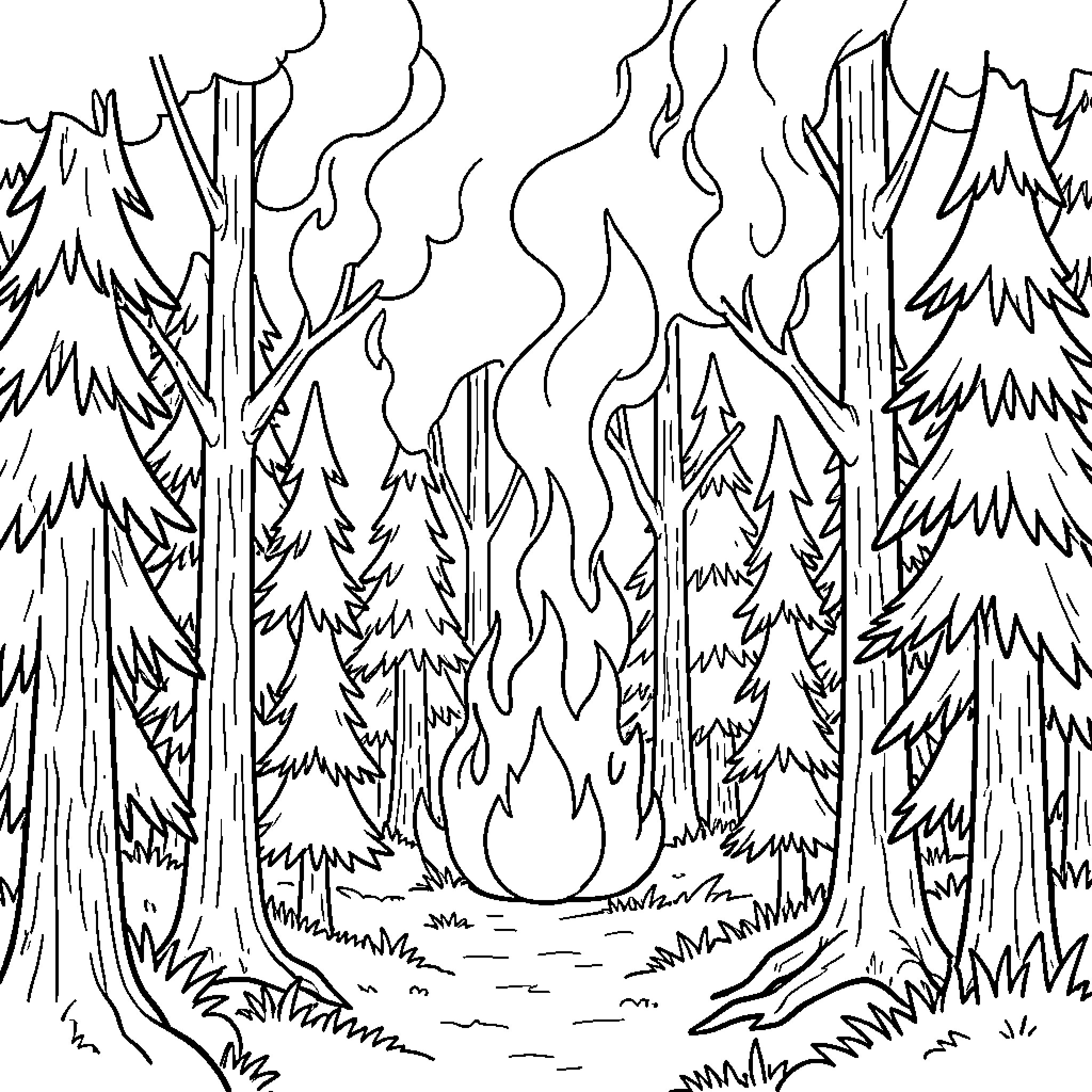 Forest trees surrounded by rising flames Coloring Page (free black-and-white line drawing printable PDF for all, from beginners to advanced learners, including children, teens, adults, and seniors)