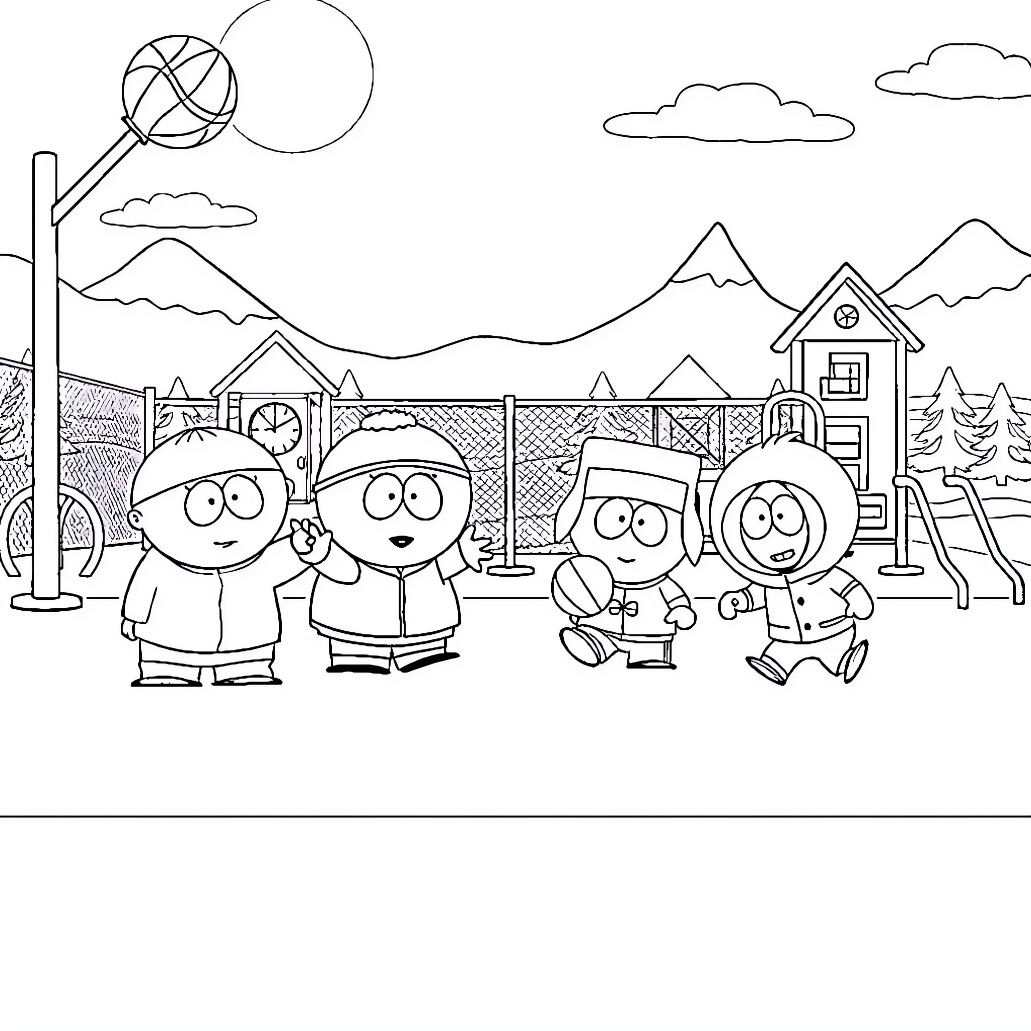 South Park Characters Playing Outdoors on a Snowy Day Coloring Page (free black-and-white line drawing printable PDF for all, from beginners to advanced learners, including children, teens, adults, and seniors)