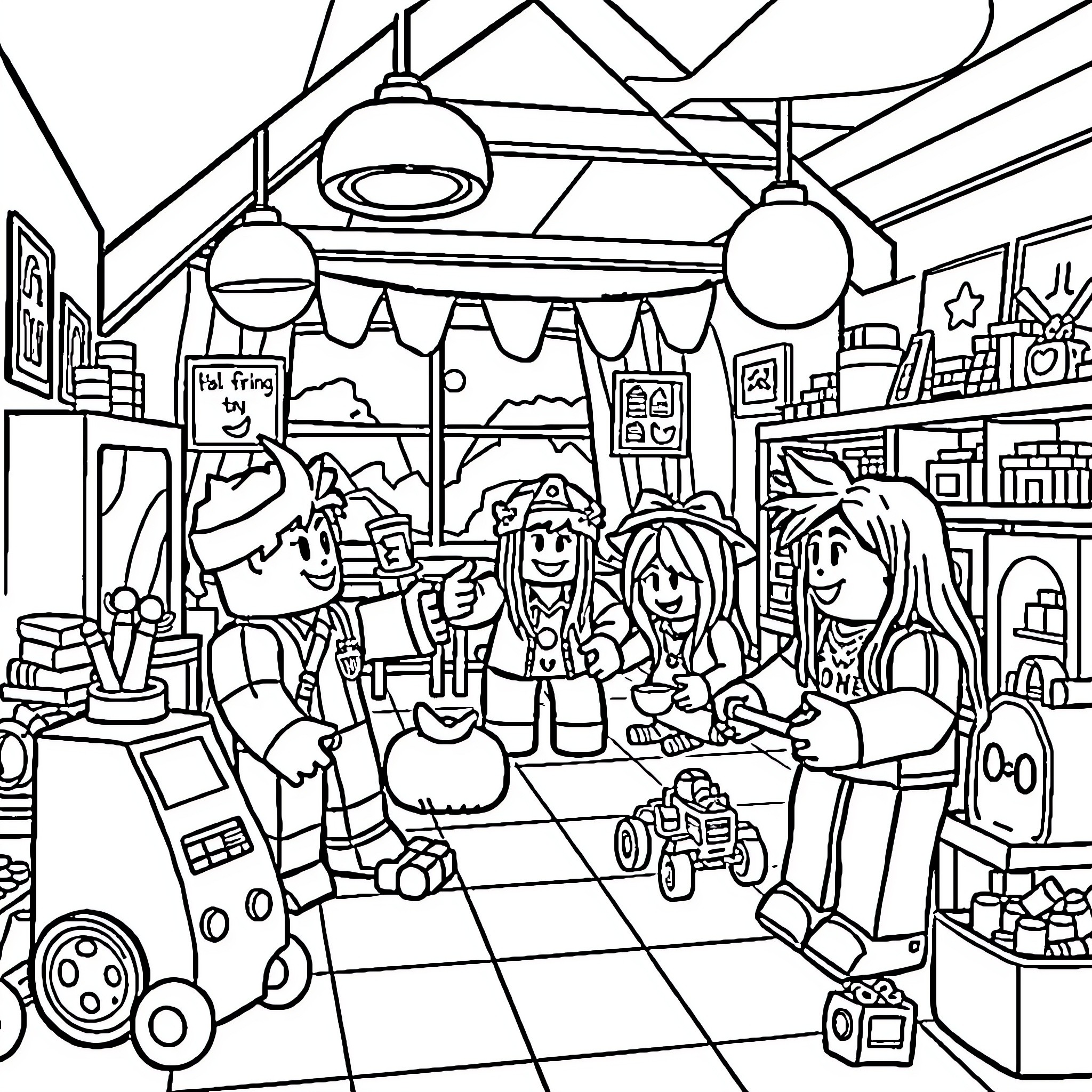 Roblox Character Enjoying a Lively Toy Store Coloring Page (free black-and-white line drawing printable PDF for all, from beginners to advanced learners, including children, teens, adults, and seniors)