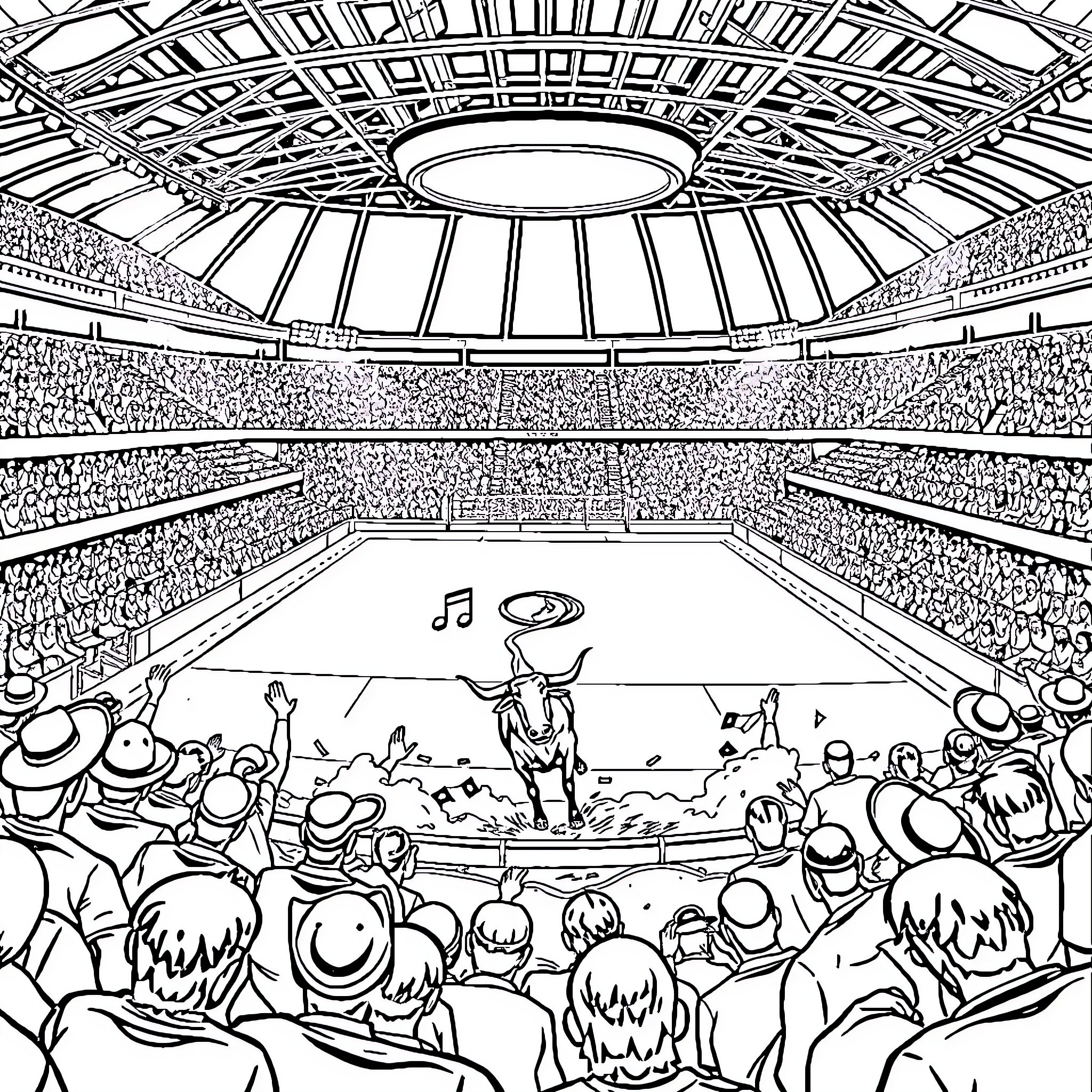 Bull performing on stage in crowded stadium Coloring Page (free black-and-white line drawing printable PDF for all, from beginners to advanced learners, including children, teens, adults, and seniors)