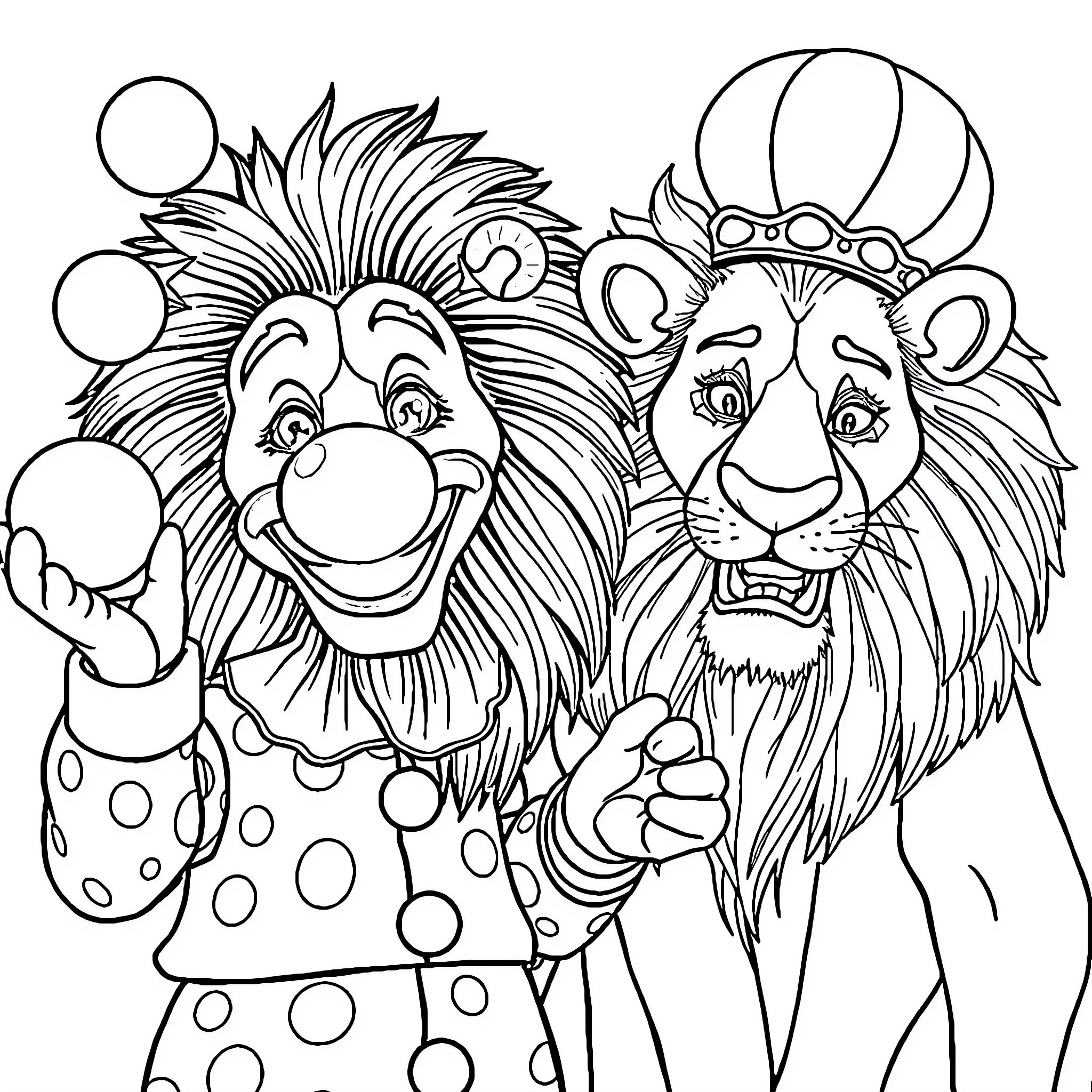 Clown Lions Performing in Circus Coloring Page (free black-and-white line drawing printable PDF for all, from beginners to advanced learners, including children, teens, adults, and seniors)