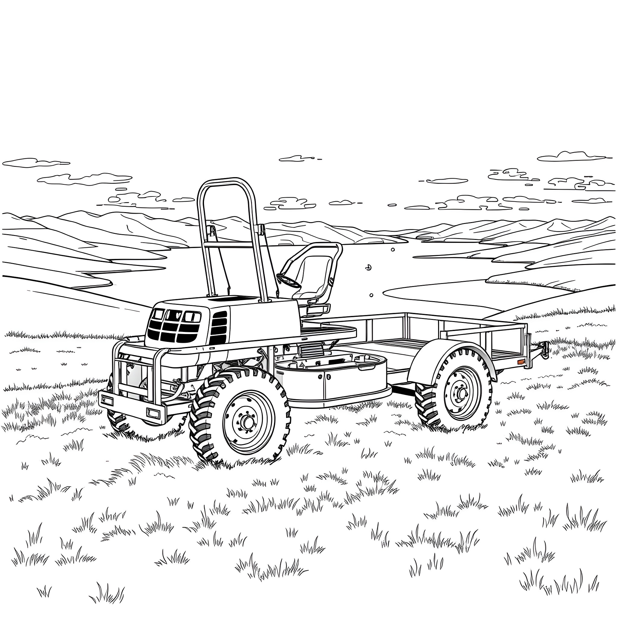 Mower vehicle mowing grass in rural countryside Coloring Page (free black-and-white line drawing printable PDF for all, from beginners to advanced learners, including children, teens, adults, and seniors)