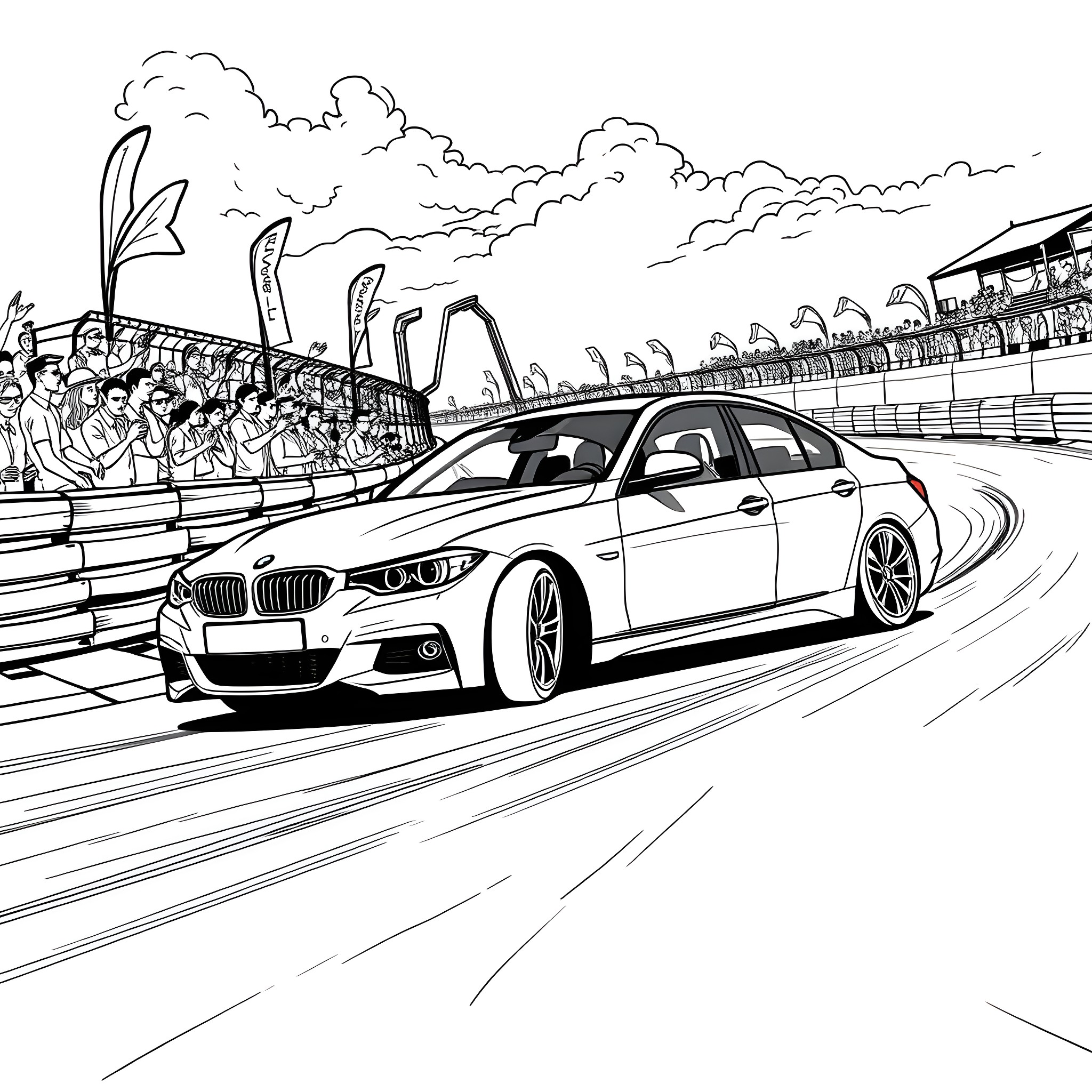 BMW 335i racing through a crowded circuit Coloring Page (free black-and-white line drawing printable PDF for all, from beginners to advanced learners, including children, teens, adults, and seniors)