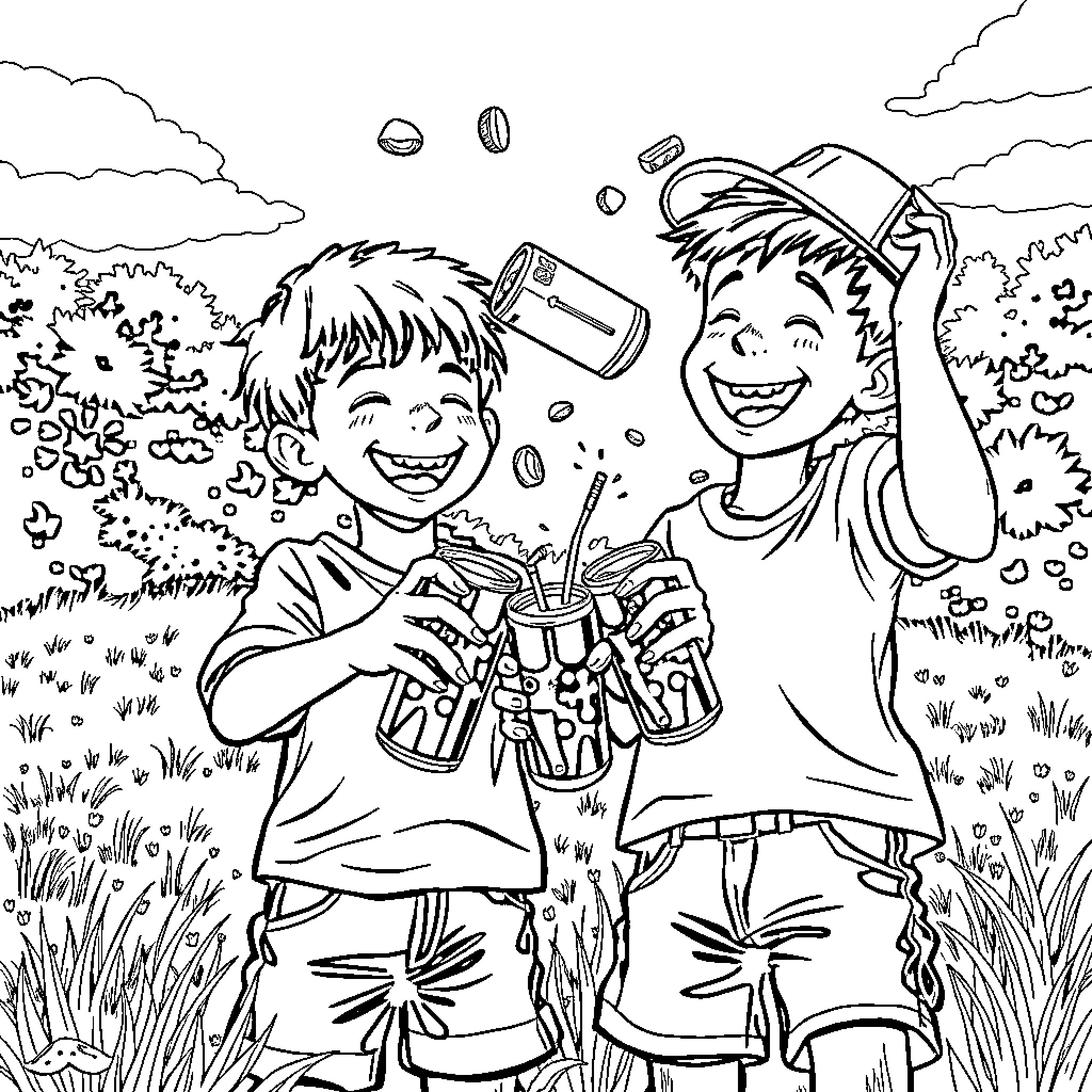 Boy's joyful outdoor adventure with friend Coloring Page (free black-and-white line drawing printable PDF for all, from beginners to advanced learners, including children, teens, adults, and seniors)
