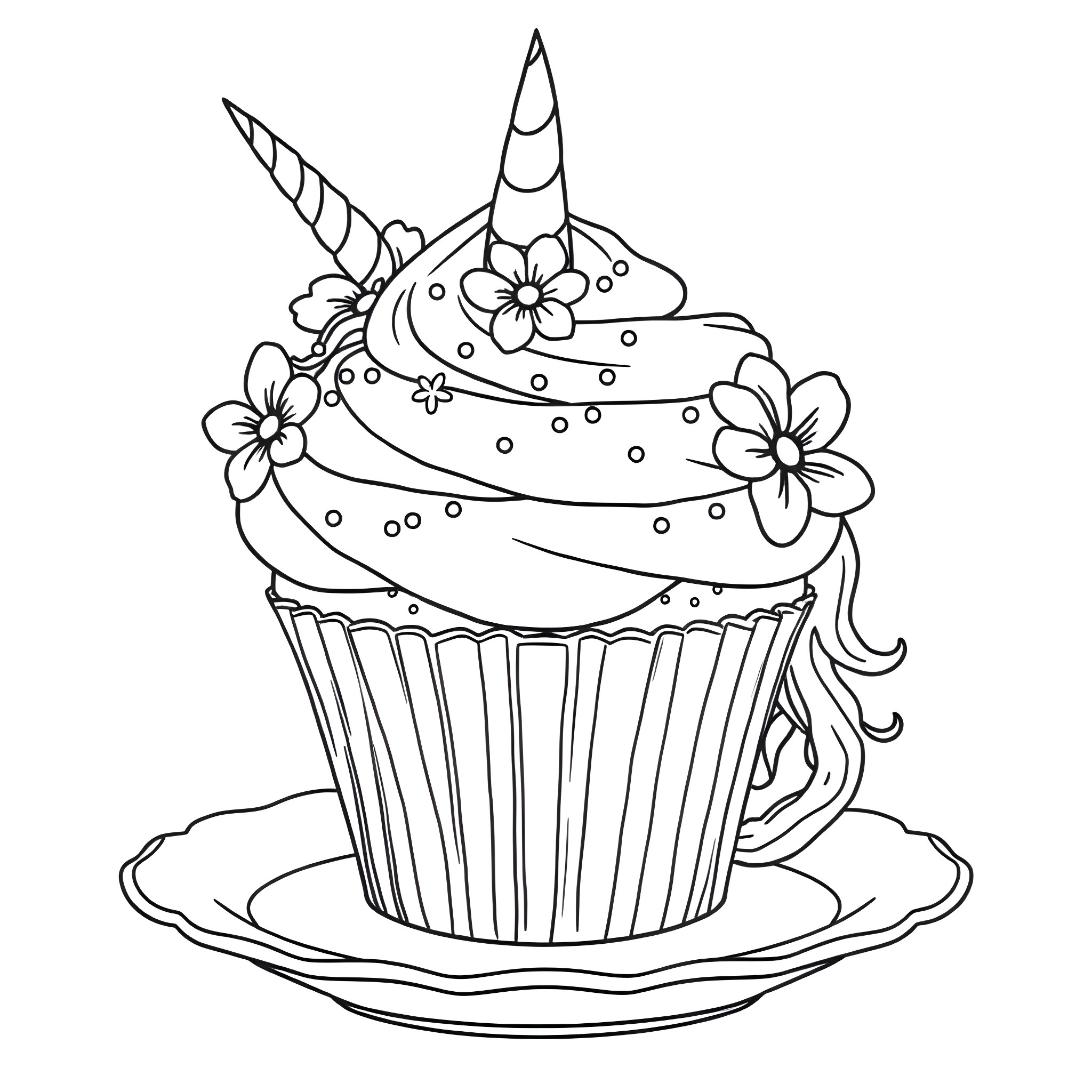 Unicorn cupcake with floral decorations Coloring Page (free black-and-white line drawing printable PDF for all, from beginners to advanced learners, including children, teens, adults, and seniors)