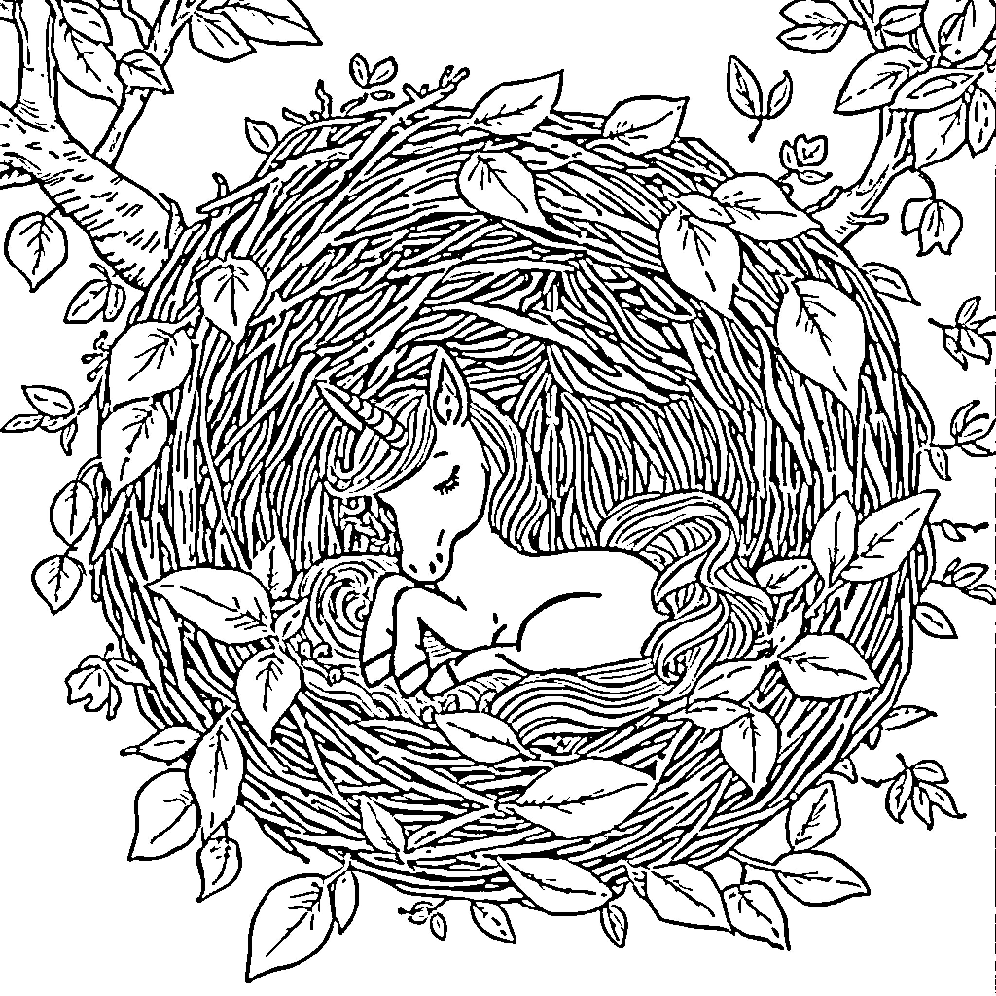 Unicorn resting peacefully in a woodland nest Coloring Page (free black-and-white line drawing printable PDF for all, from beginners to advanced learners, including children, teens, adults, and seniors)