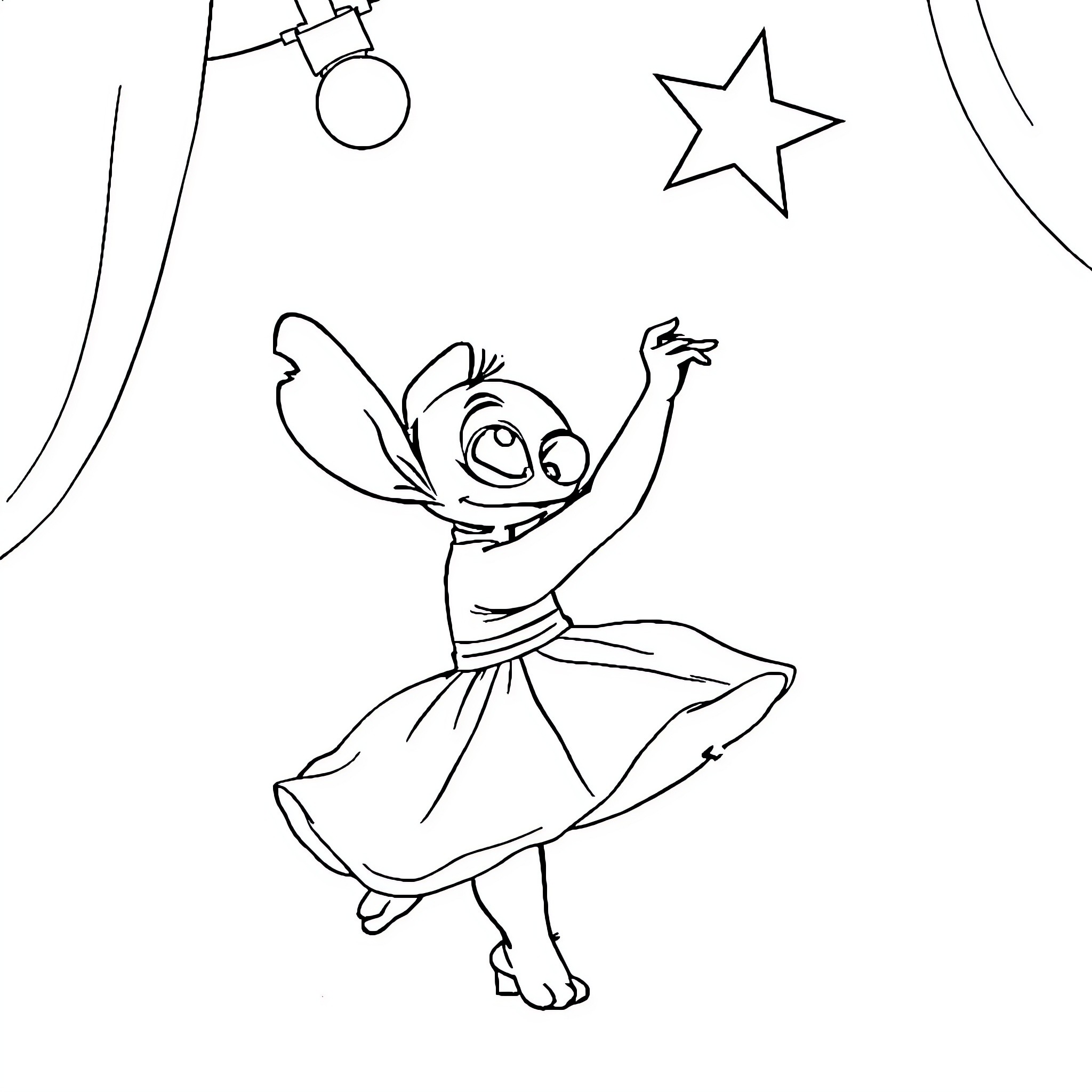 Stitch dancing joyfully under the stars Coloring Page (free black-and-white line drawing printable PDF for all, from beginners to advanced learners, including children, teens, adults, and seniors)