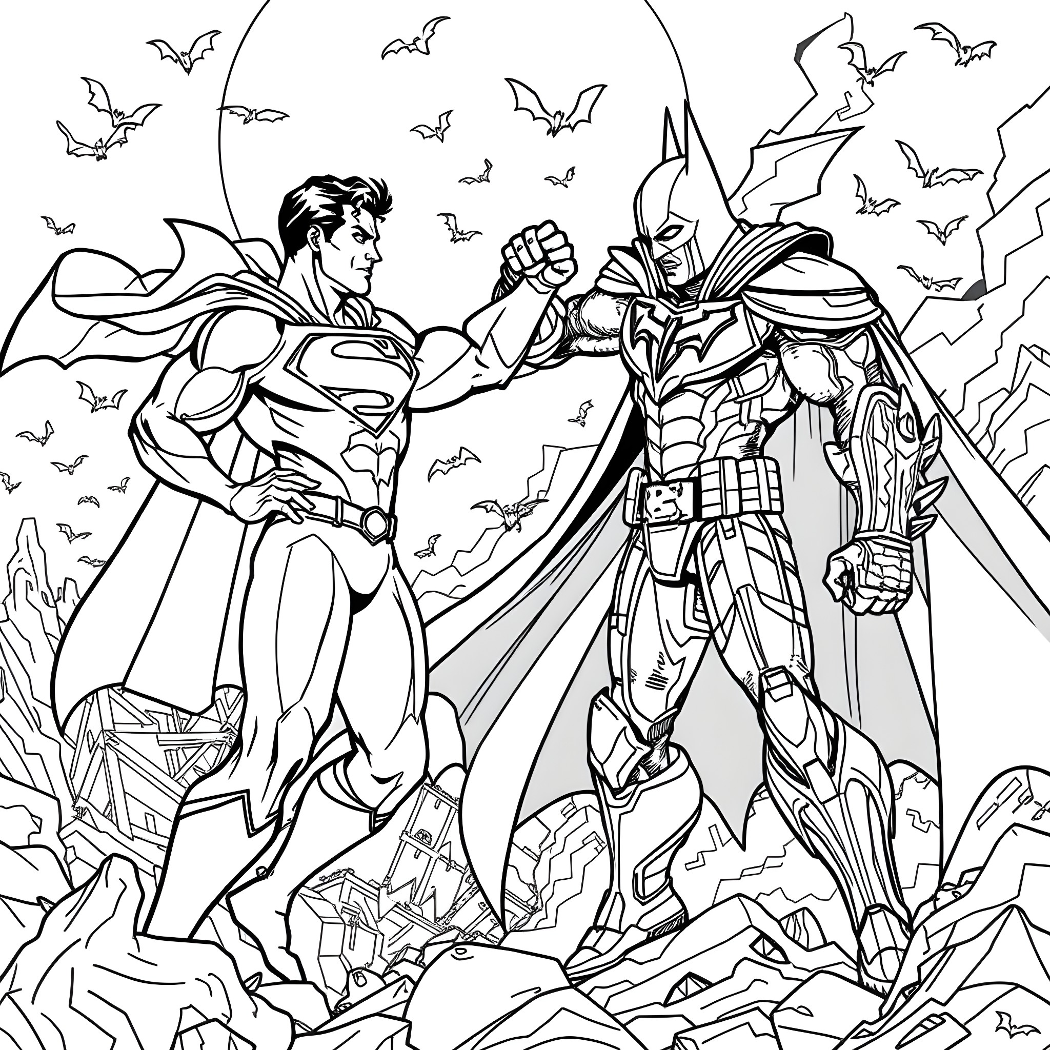Superman and Batman facing off in an epic battle Coloring Page (free black-and-white line drawing printable PDF for all, from beginners to advanced learners, including children, teens, adults, and seniors)