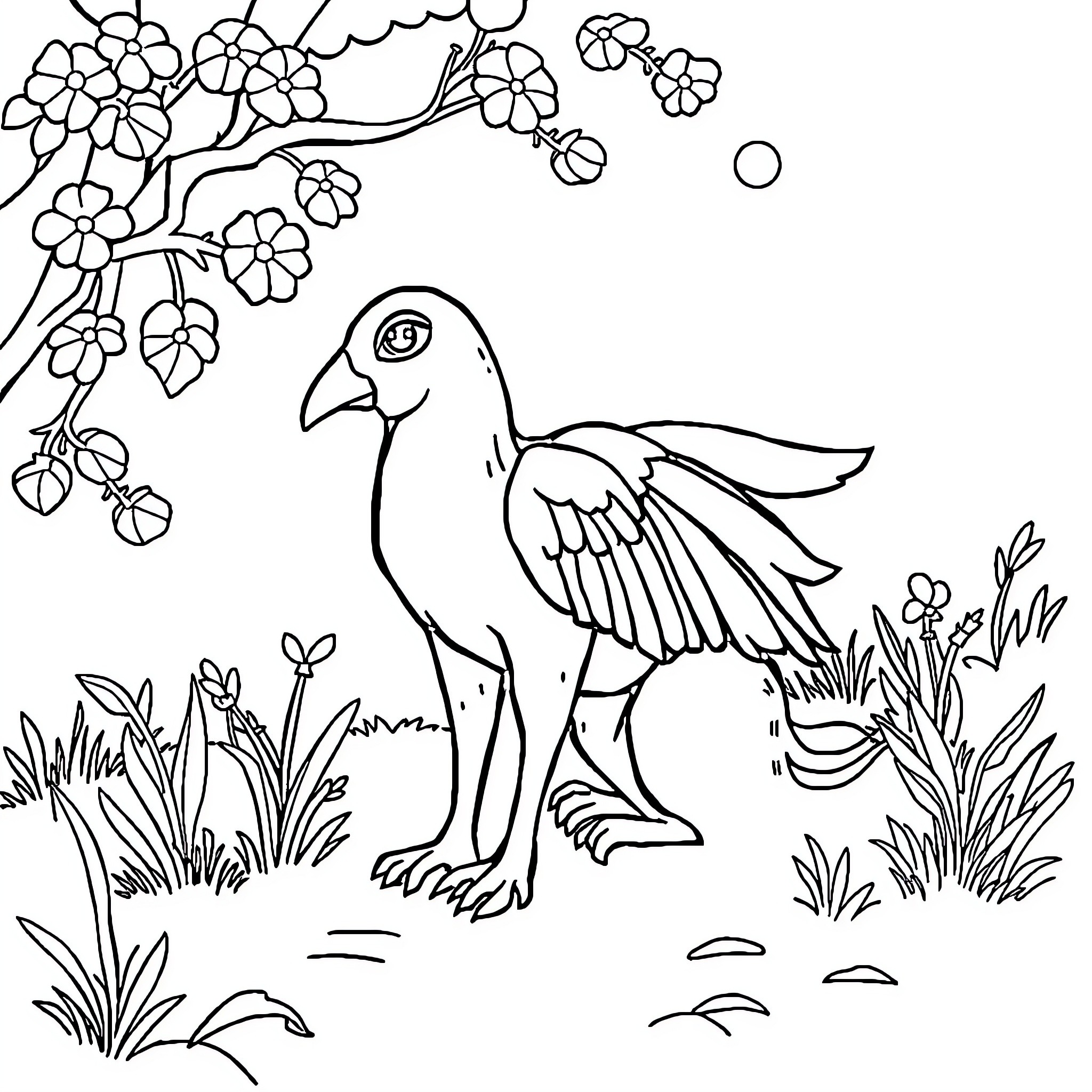 Drawing of a bird and flowers on a branch Coloring Page (free black-and-white line drawing printable PDF for all, from beginners to advanced learners, including children, teens, adults, and seniors)