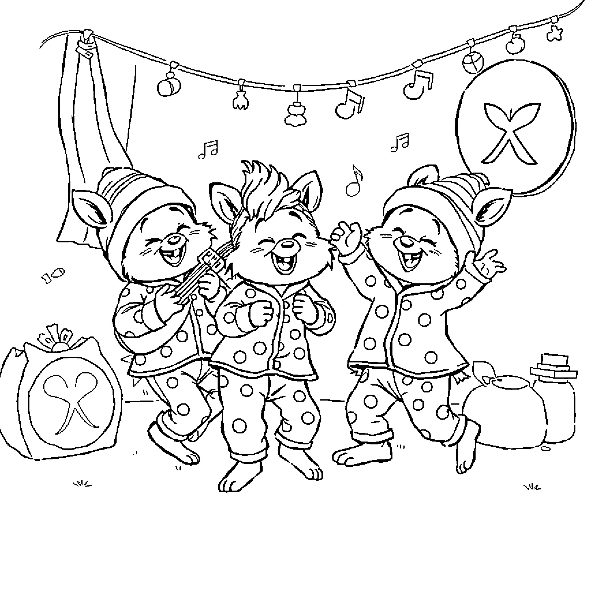 Musician Trolls Performing with Musical Instruments Coloring Page (free black-and-white line drawing printable PDF for all, from beginners to advanced learners, including children, teens, adults, and seniors)