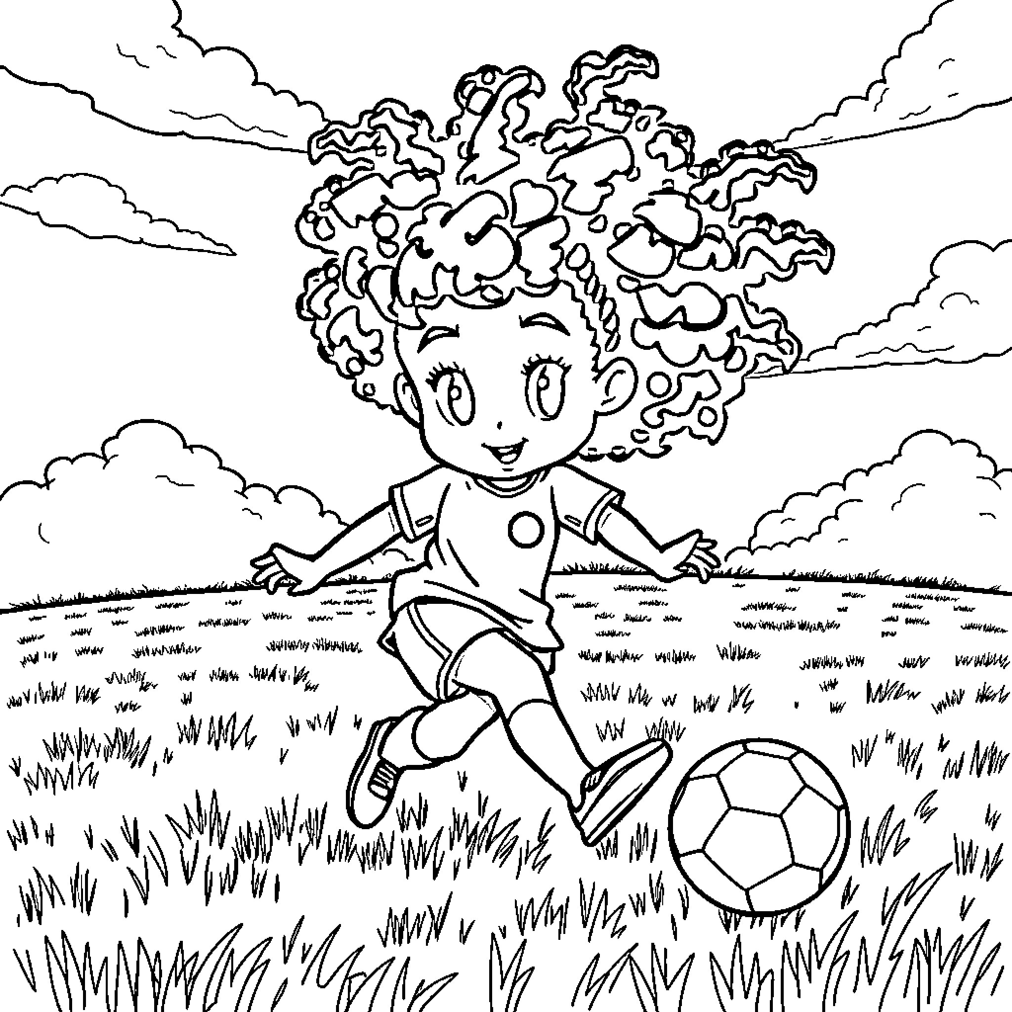 Mira playing with soccer ball in field Coloring Page (free black-and-white line drawing printable PDF for all, from beginners to advanced learners, including children, teens, adults, and seniors)