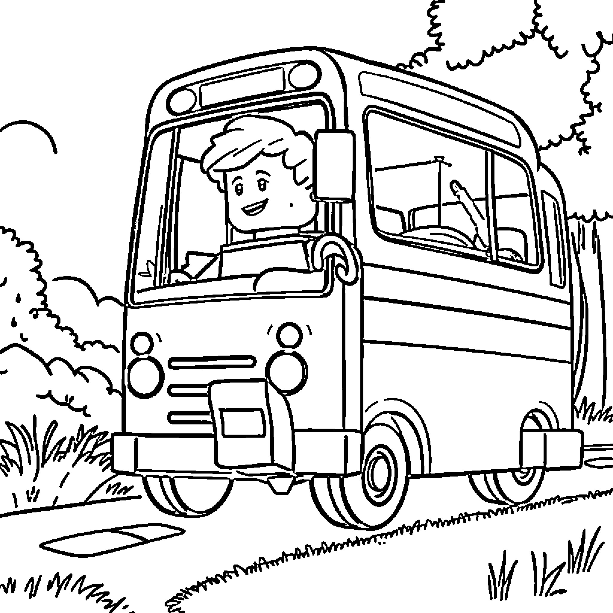 Lego Figurine Driving a Toy Bus on a Country Road Coloring Page (free black-and-white line drawing printable PDF for all, from beginners to advanced learners, including children, teens, adults, and seniors)