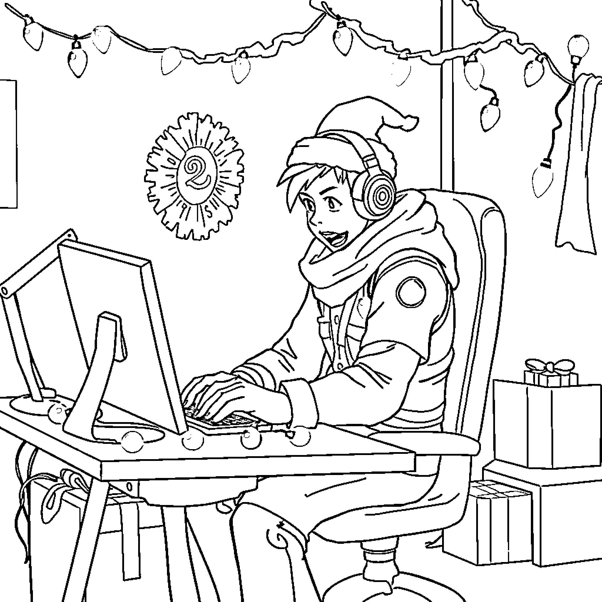 Gamer playing video games with holiday decor Coloring Page (free black-and-white line drawing printable PDF for all, from beginners to advanced learners, including children, teens, adults, and seniors)