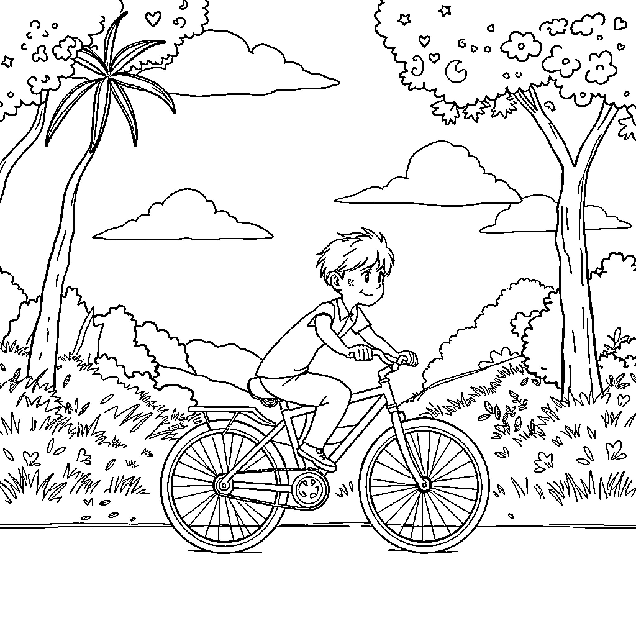 Boy riding bicycle through scenic park Coloring Page (free black-and-white line drawing printable PDF for all, from beginners to advanced learners, including children, teens, adults, and seniors)