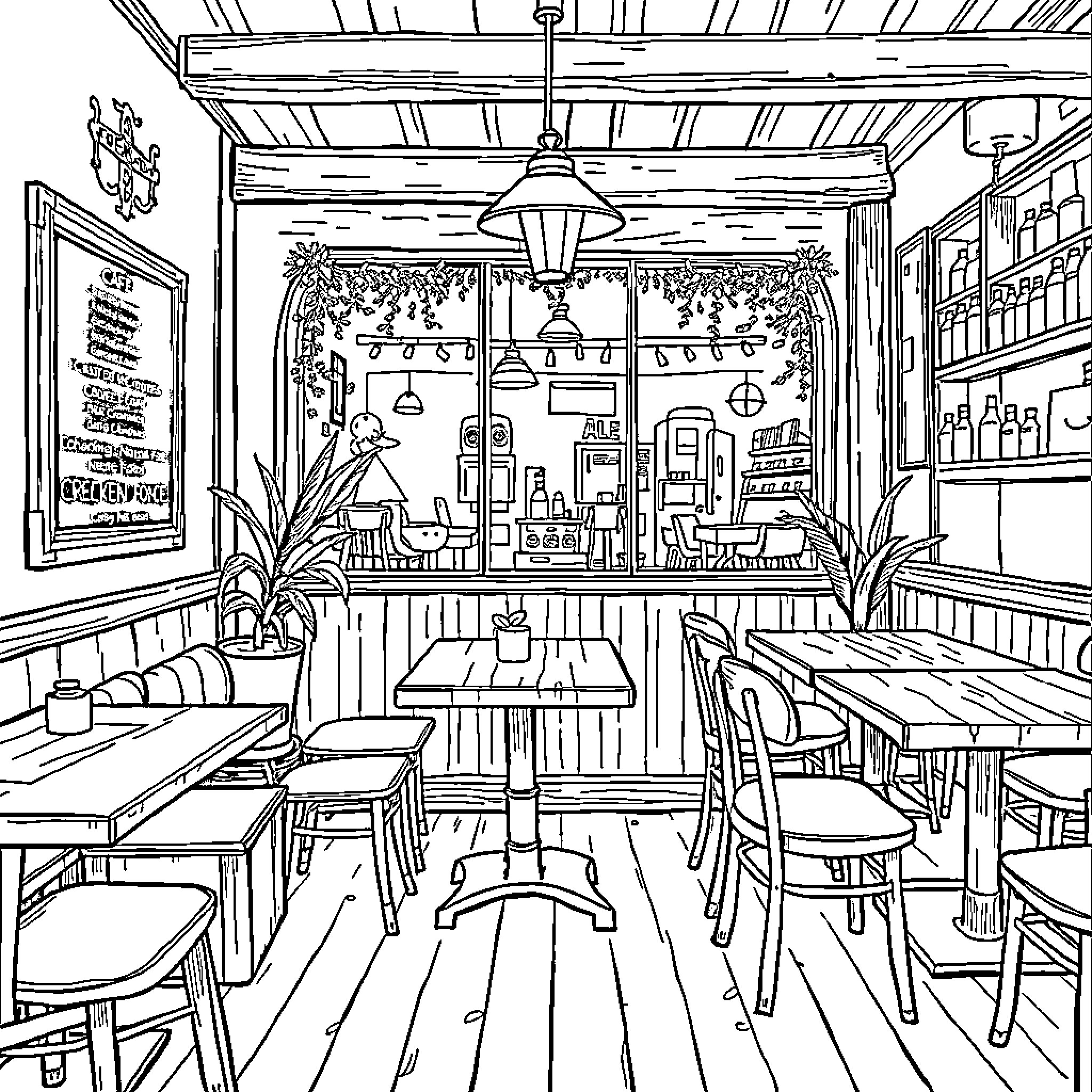 Cafe interior with rustic decor and seating Coloring Page (free black-and-white line drawing printable PDF for all, from beginners to advanced learners, including children, teens, adults, and seniors)