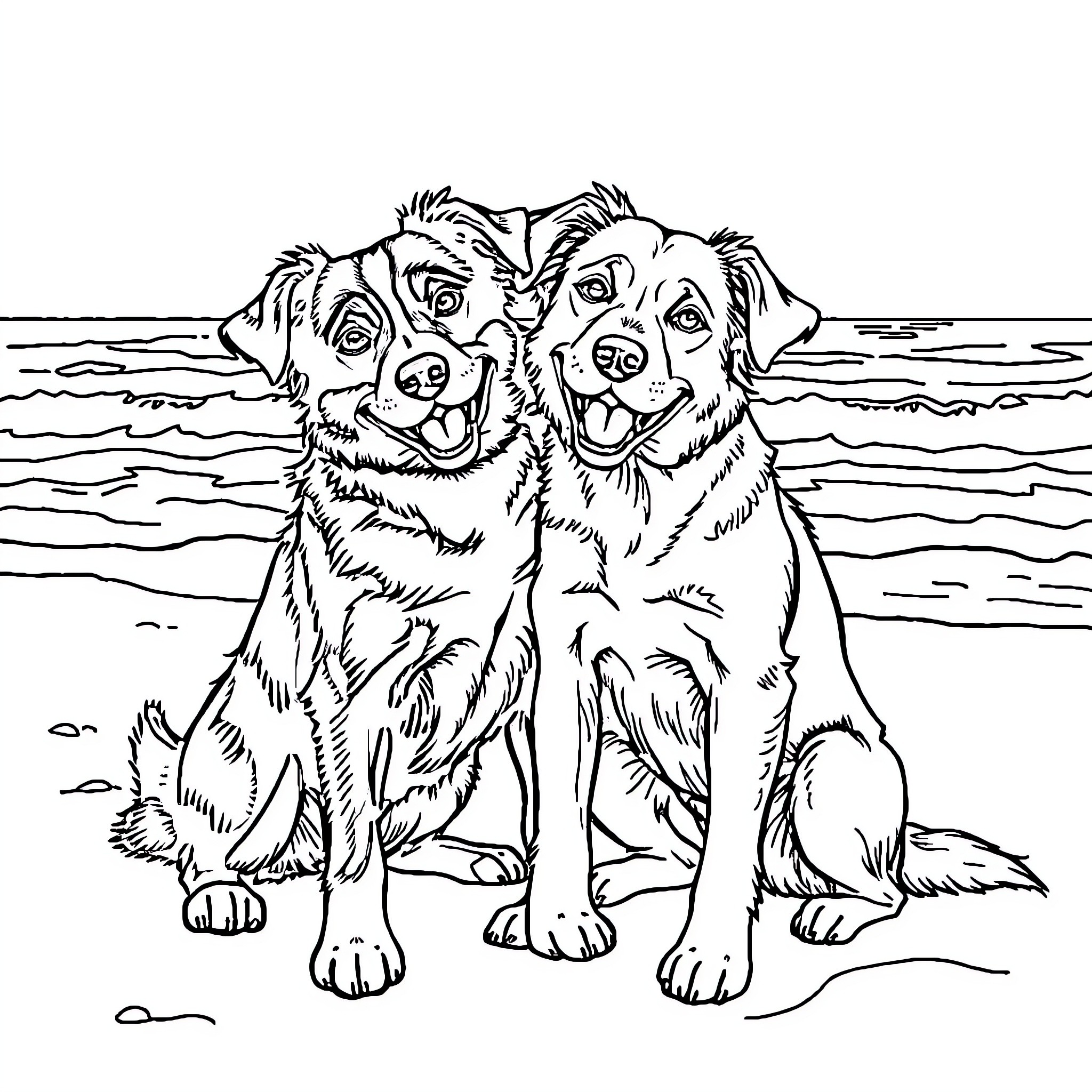 Dog friends playing together on the beach Coloring Page (free black-and-white line drawing printable PDF for all, from beginners to advanced learners, including children, teens, adults, and seniors)