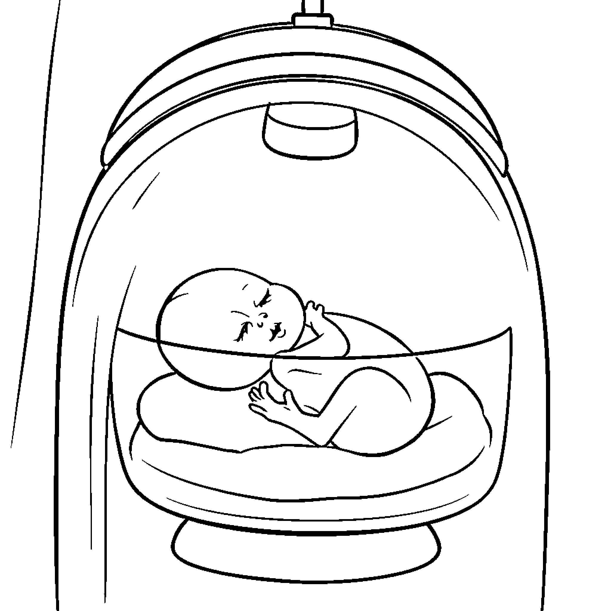 Bebe resting peacefully in a cozy bassinet Coloring Page (free black-and-white line drawing printable PDF for all, from beginners to advanced learners, including children, teens, adults, and seniors)