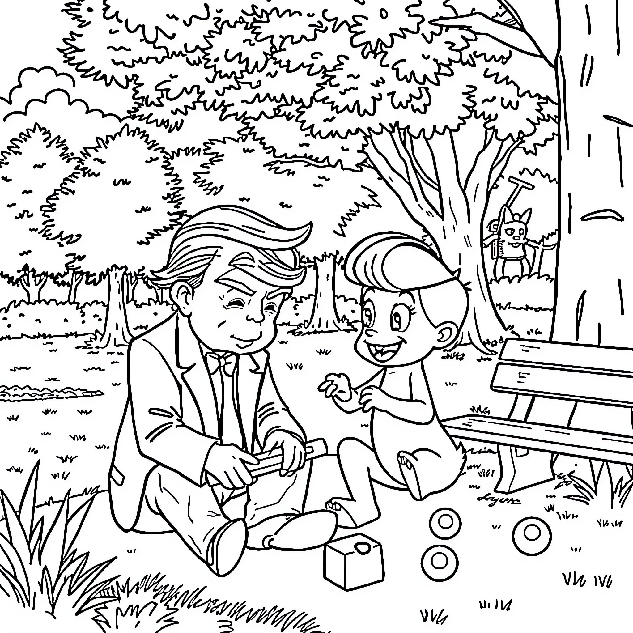 Bluey and friend playing with toys in the park Coloring Page (free black-and-white line drawing printable PDF for all, from beginners to advanced learners, including children, teens, adults, and seniors)