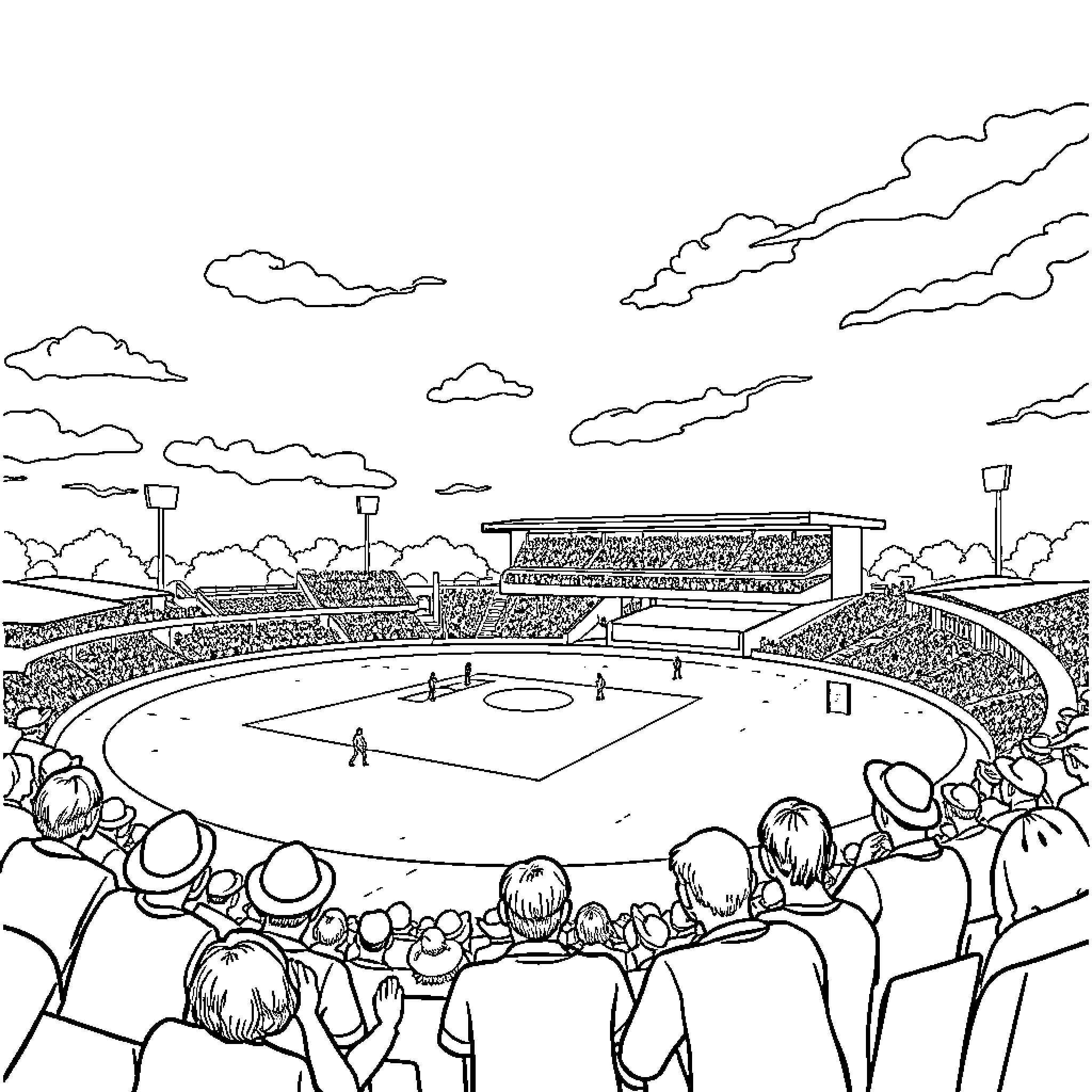 Cricket Stadium with Spectators Watching the Match Coloring Page (free black-and-white line drawing printable PDF for all, from beginners to advanced learners, including children, teens, adults, and seniors)