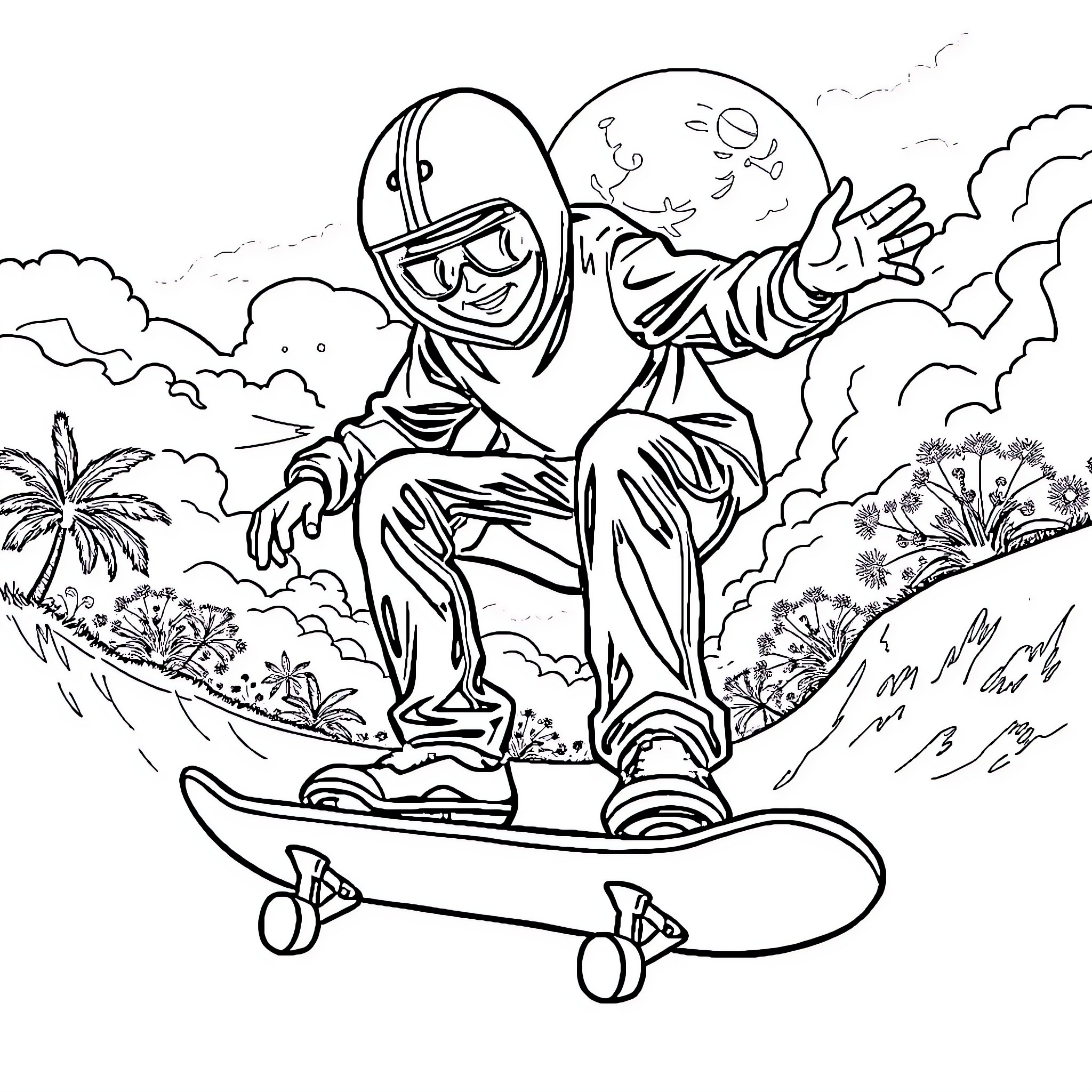 Skateboard enthusiast riding through scenic landscape Coloring Page (free black-and-white line drawing printable PDF for all, from beginners to advanced learners, including children, teens, adults, and seniors)
