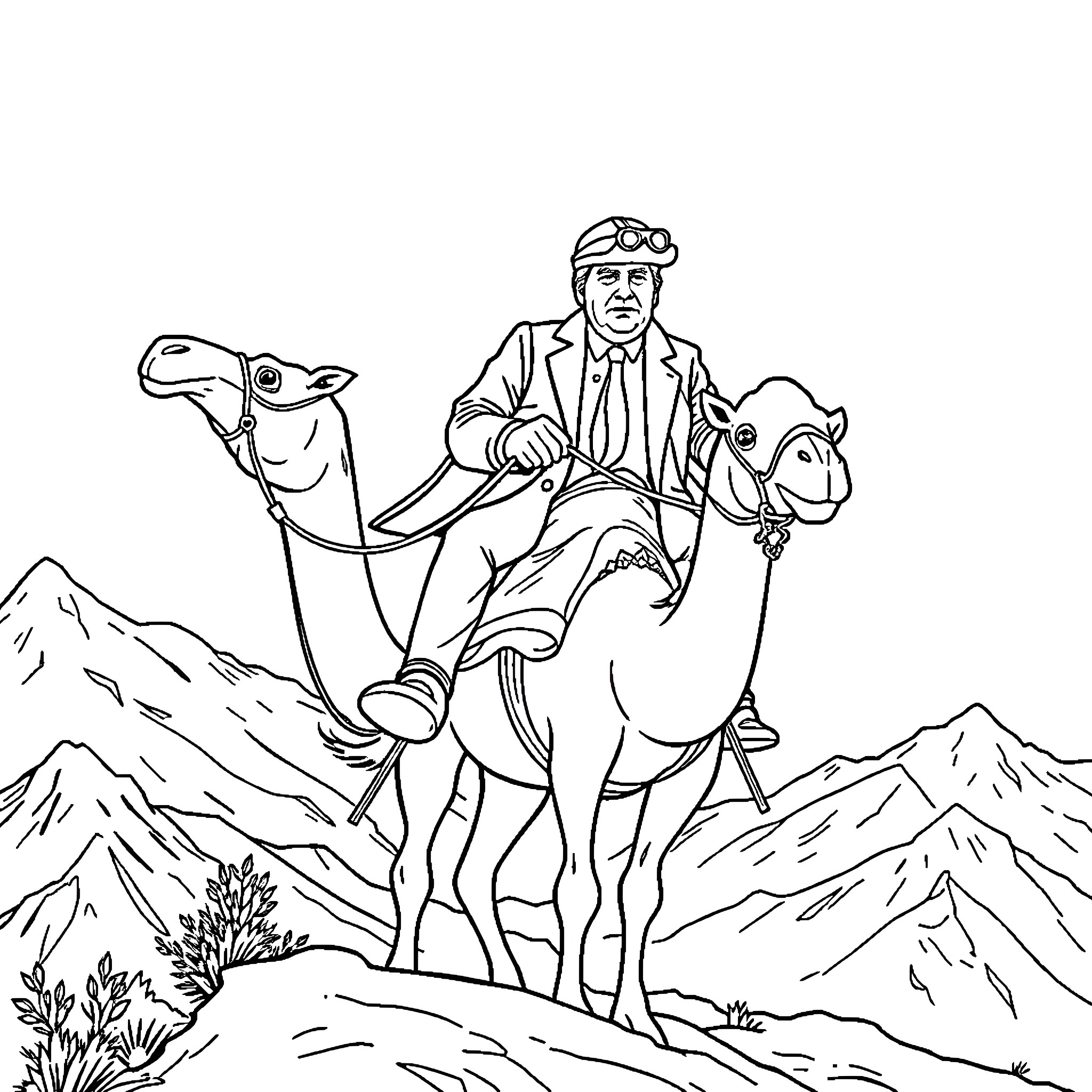 Trump riding camels through mountainous landscape Coloring Page (free black-and-white line drawing printable PDF for all, from beginners to advanced learners, including children, teens, adults, and seniors)