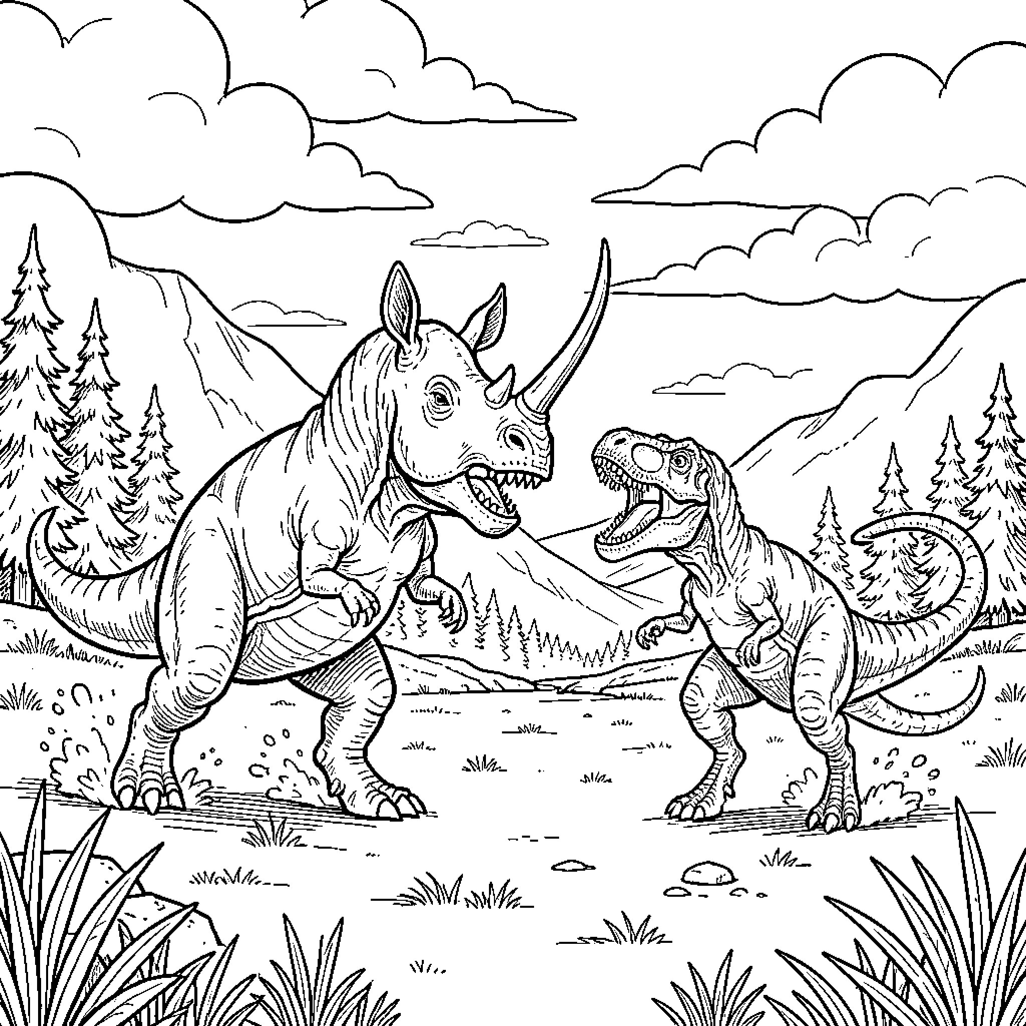 Pachyrhinosaurus battling with Tyrannosaurus Rex in prehistoric landscape Coloring Page (free black-and-white line drawing printable PDF for all, from beginners to advanced learners, including children, teens, adults, and seniors)